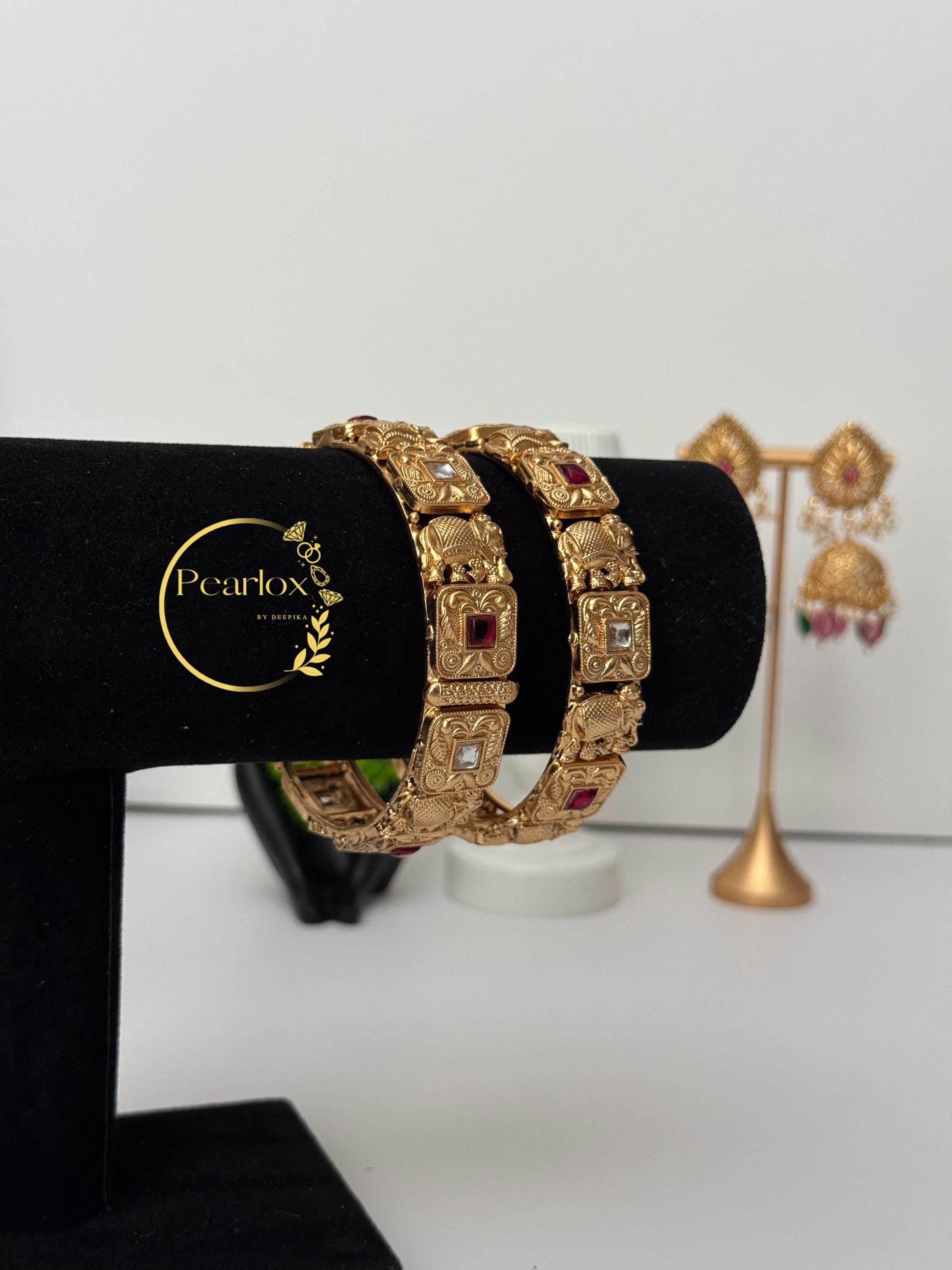 Traditional Indian Gold-Tone Kadas with Elephant Motifs & Stone Work|Size: 2-6 and 2-8| Indian Jewellery| wedding Jewellery