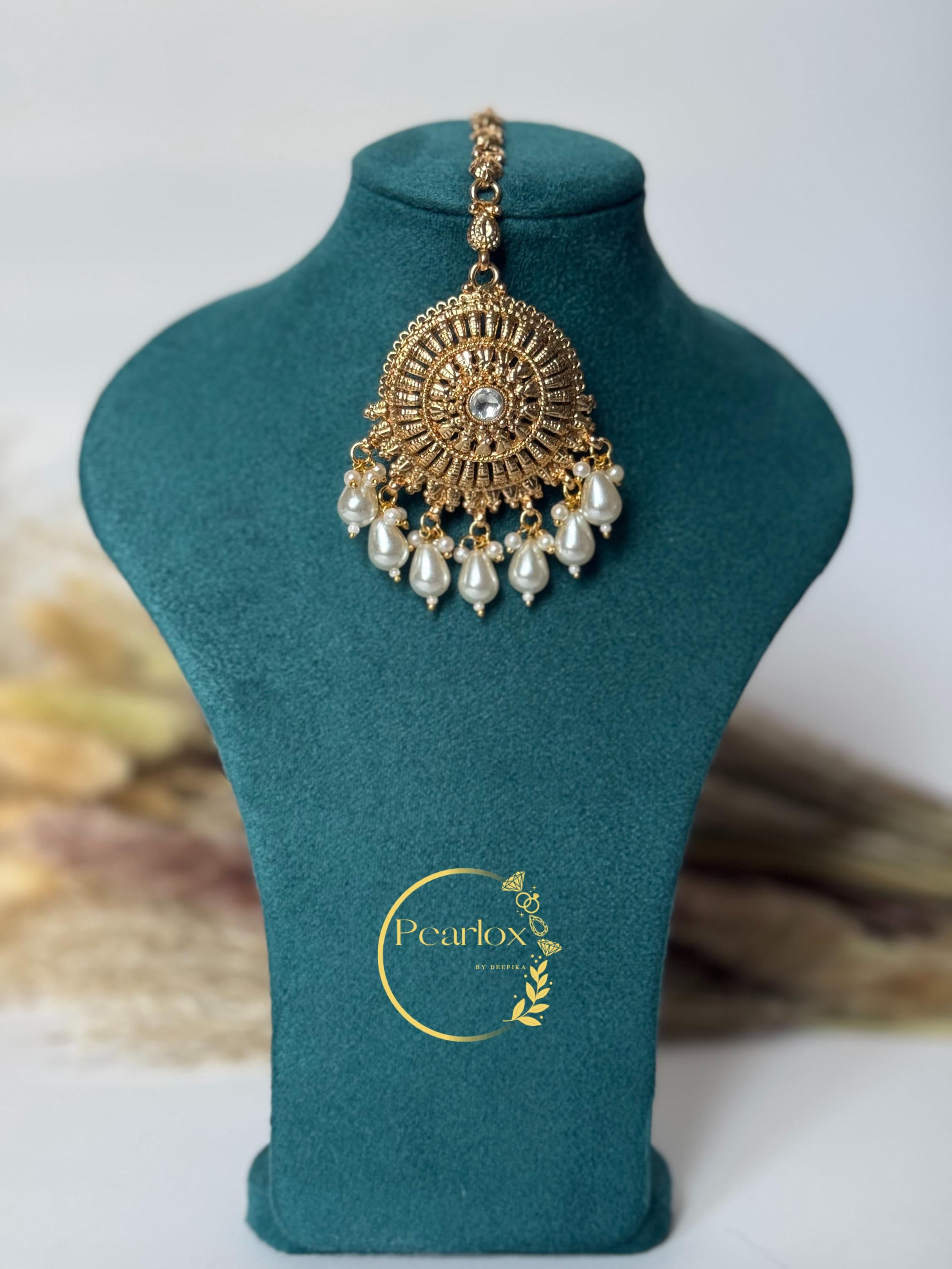 White pearl Polki Choker Earrings + Tikka| Gold imitation Choker| Indian Wedding Jewellery