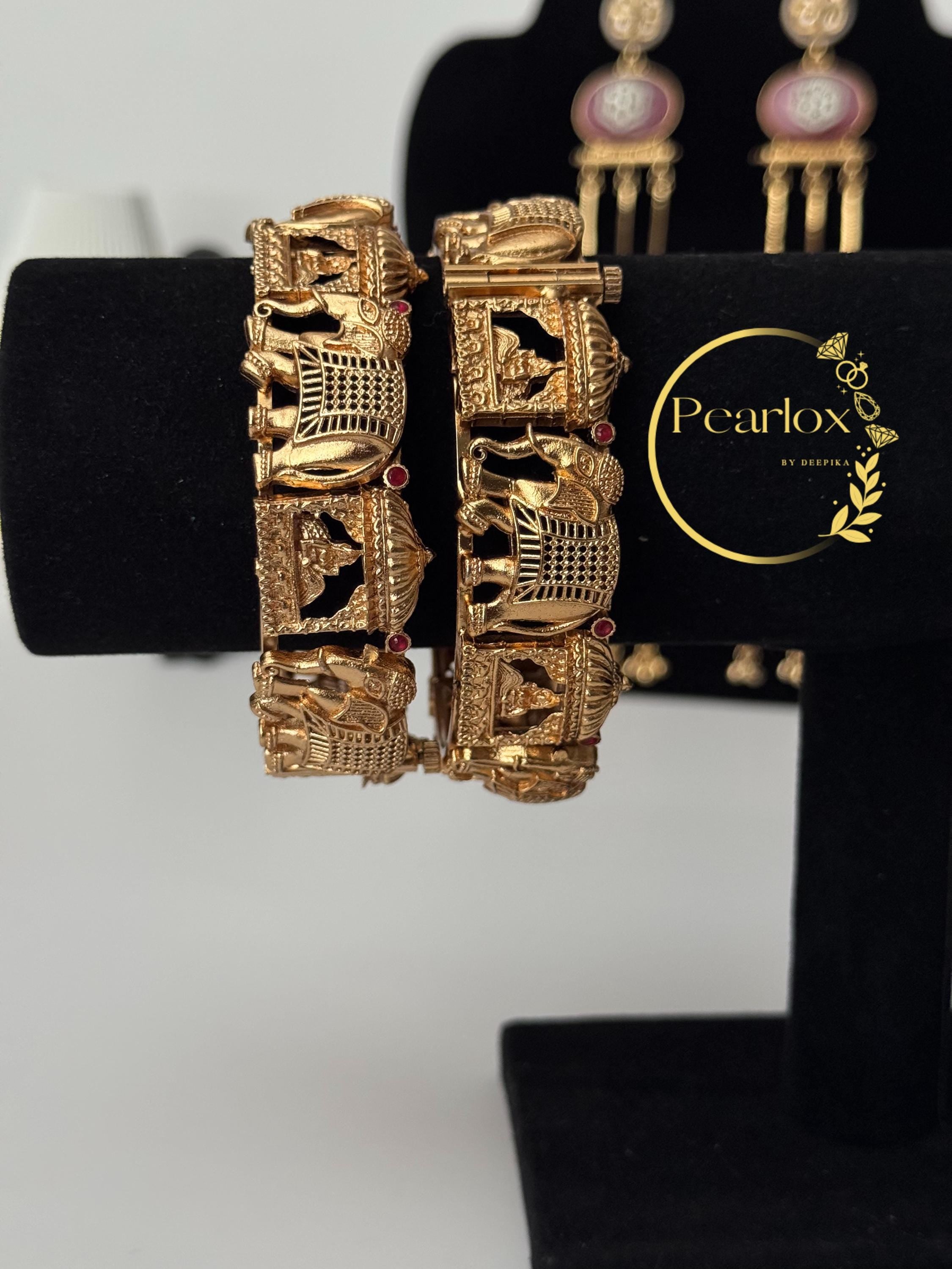 Gold-Tone Indian Kadas (Bangles) | Elephant & Bridal Motifs, Superior Craftmanship Size:  2-4 2-6 and 2-8