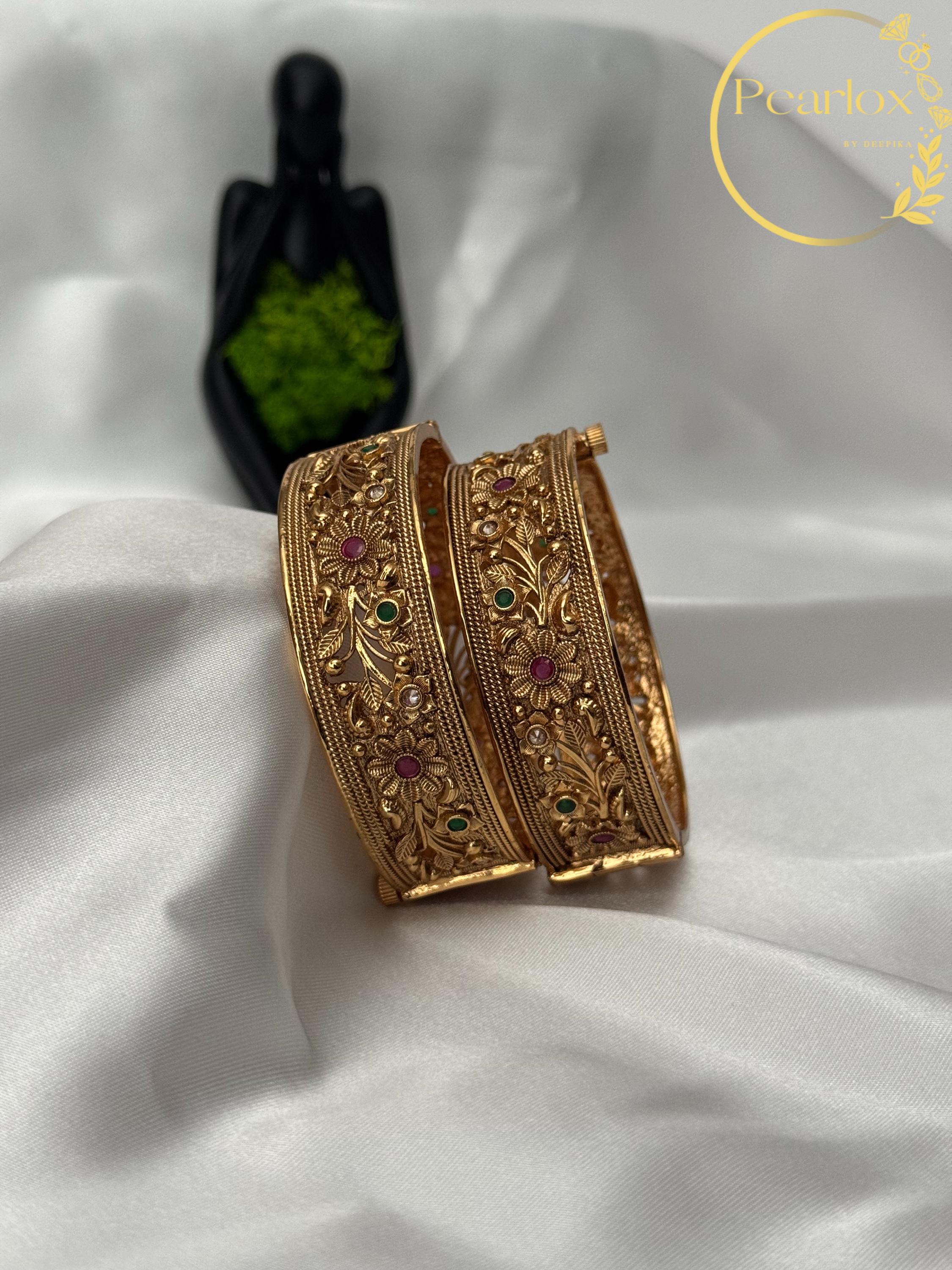 Heritage Antique Gold-Tone Floral Kada Bangle Set| wrist size 2-6