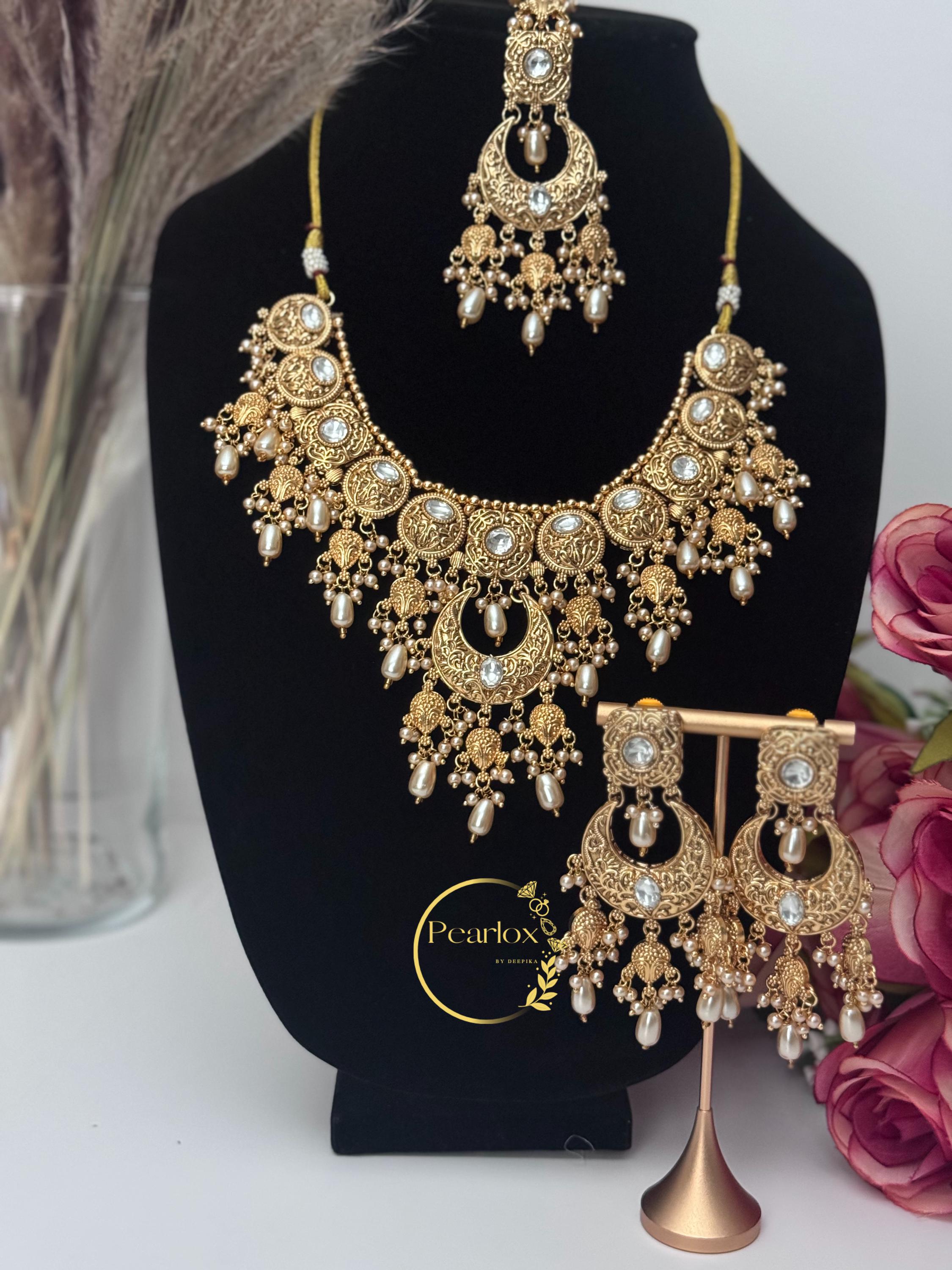 Royal Heritage Gold-Tone Kundan & Pearl Statement Jewellery Set with Jhumka and Maang Tikka| Indian Jewelry| Wedding Jewellery