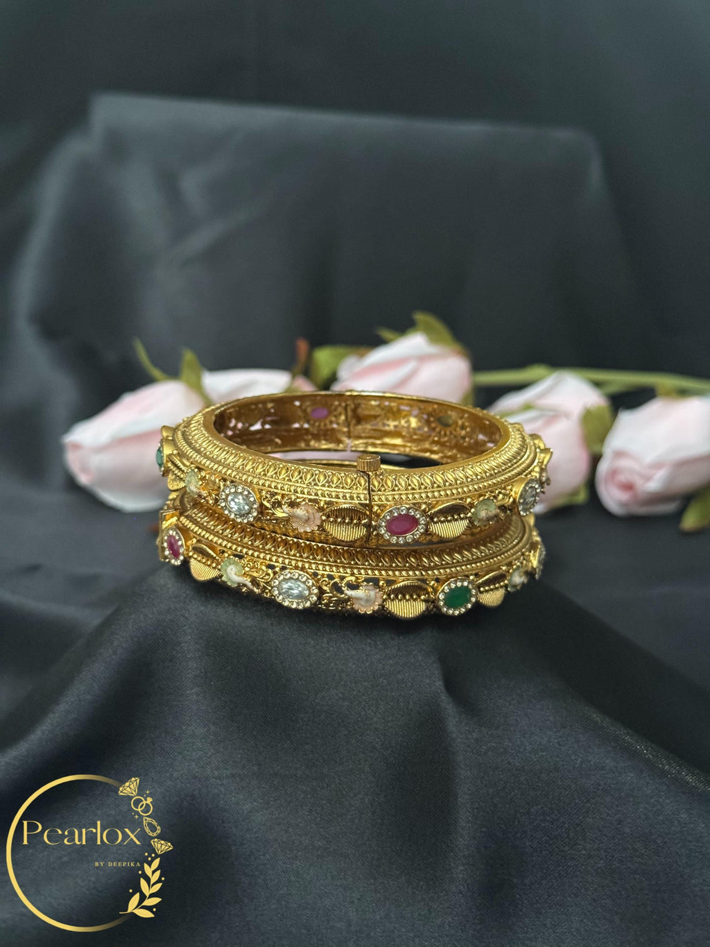 Antique Gold-tone Multi-Stone "Navratna" Style Bangles | Size: 2-6