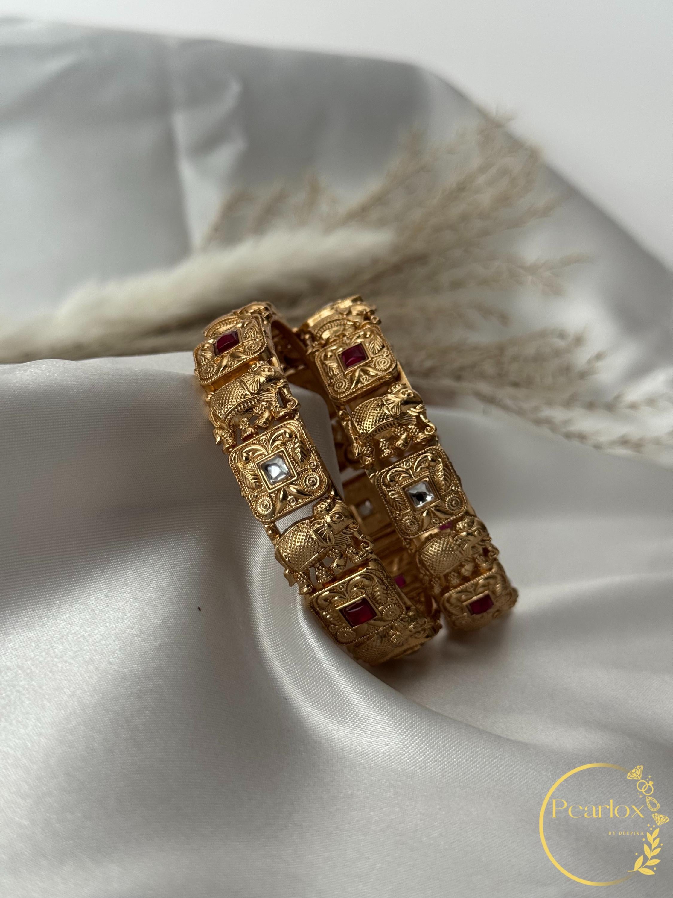 Traditional Indian Gold-Tone Kadas with Elephant Motifs & Stone Work|Size: 2-6 and 2-8| Indian Jewellery| wedding Jewellery