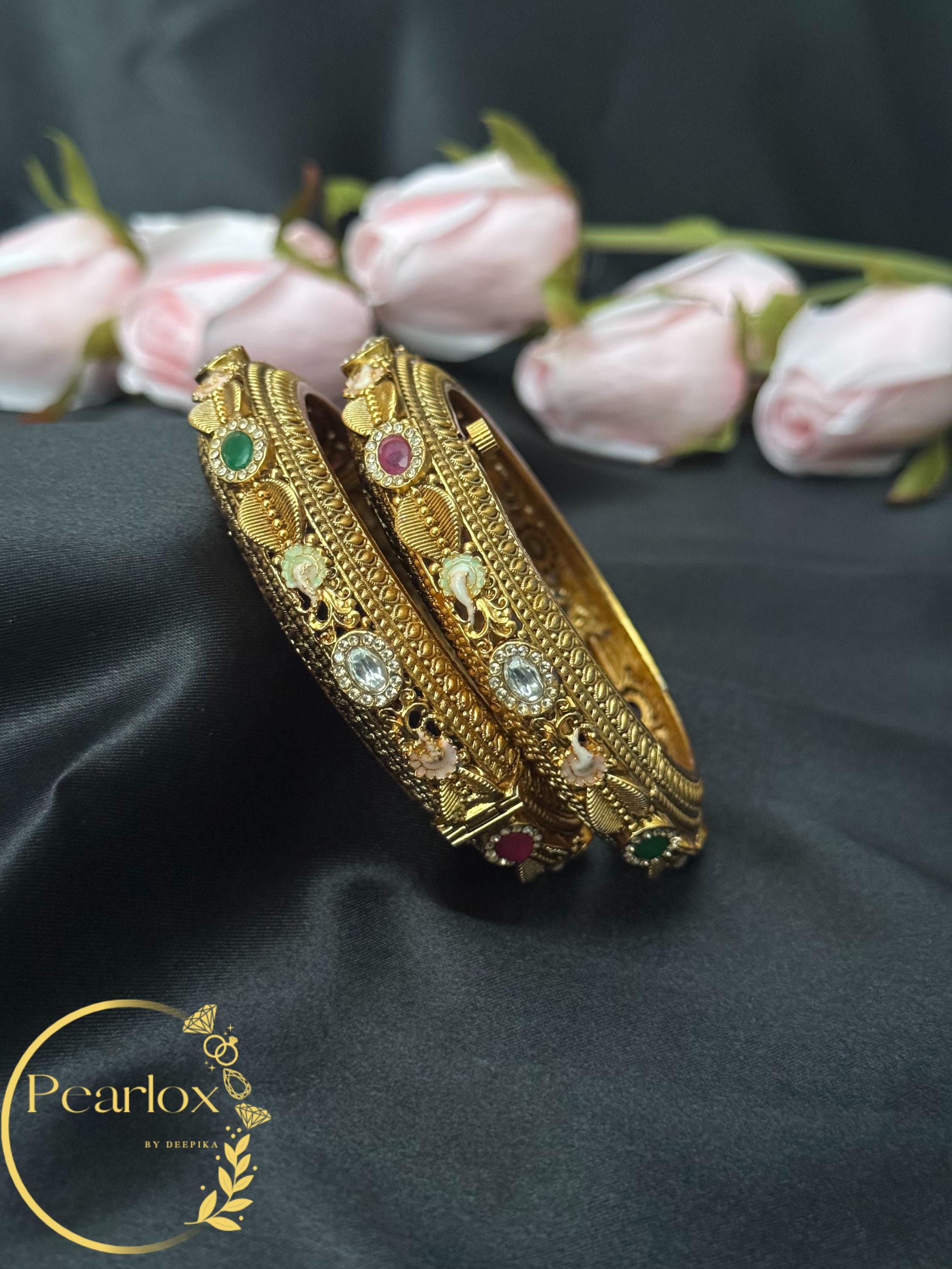 Antique Gold-tone Multi-Stone "Navratna" Style Bangles | Size: 2-6