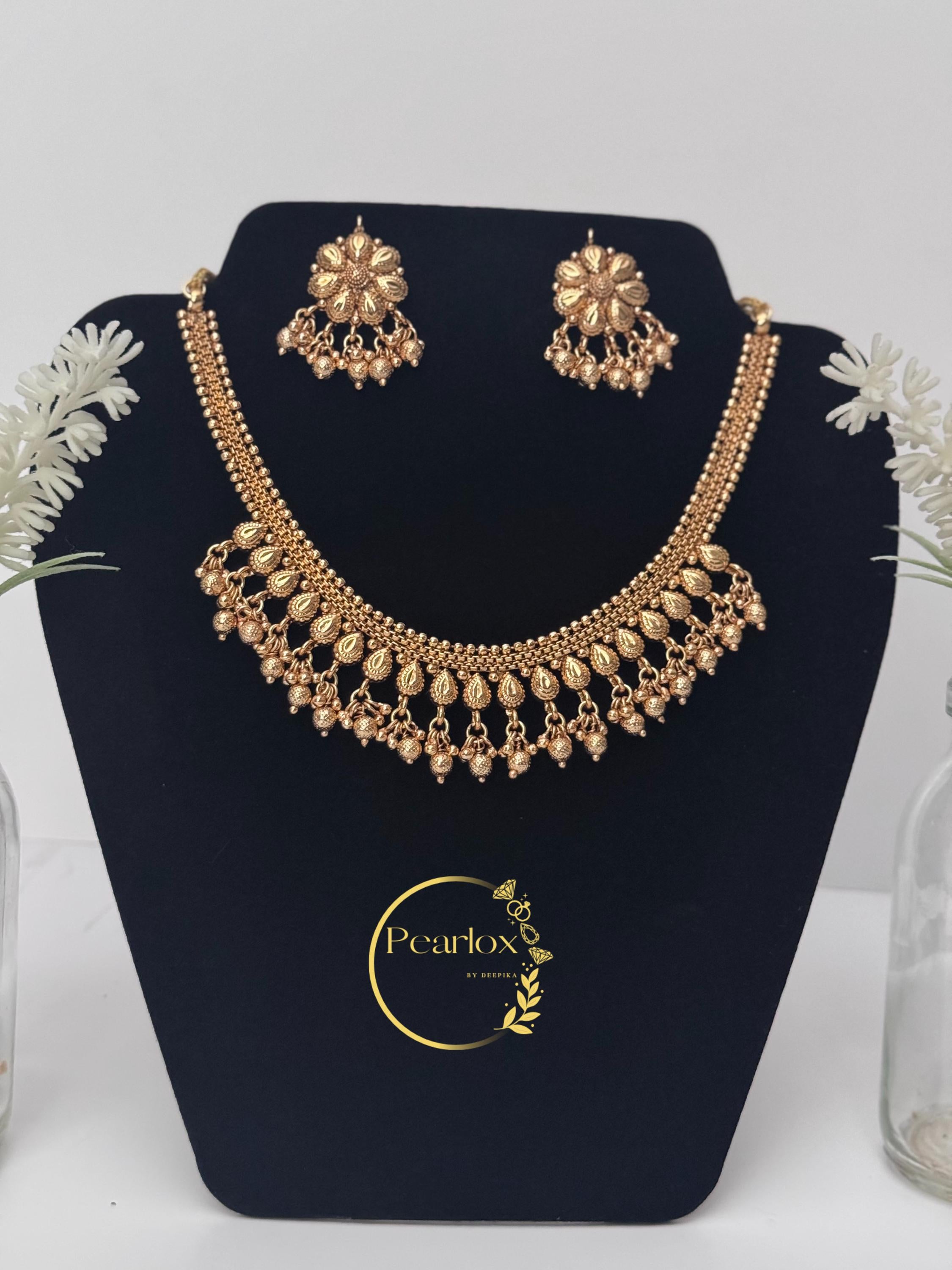 Traditional Gold-Tone necklace Set with Matching Studs| Indian Bridal & Festive Statement Set