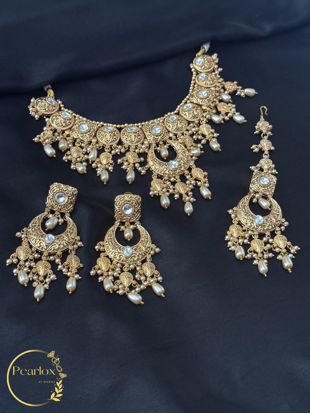 Royal Heritage Gold-Tone Kundan & Pearl Statement Jewellery Set with Jhumka and Maang Tikka| Indian Jewelry| Wedding Jewellery
