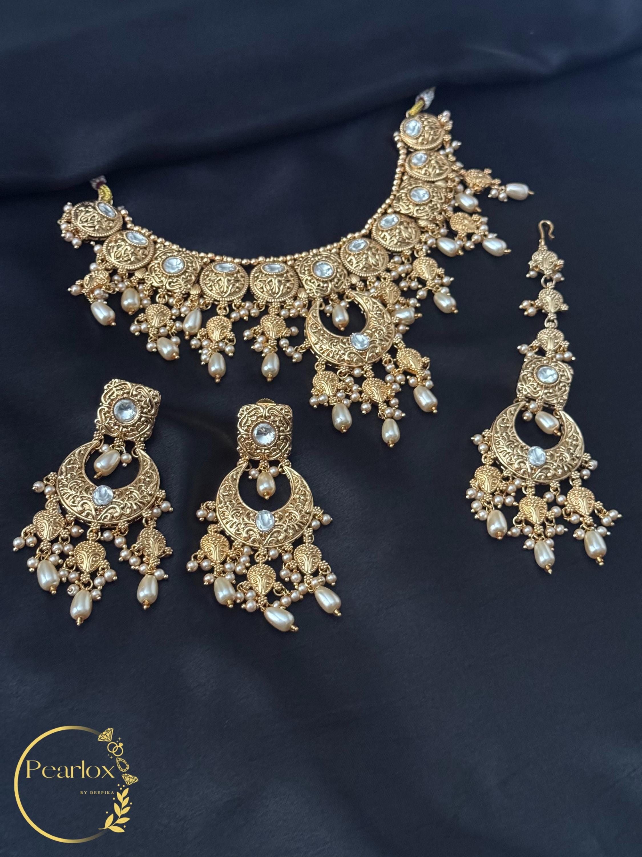 Royal Heritage Gold-Tone Kundan & Pearl Statement Jewellery Set with Jhumka and Maang Tikka| Indian Jewelry| Wedding Jewellery