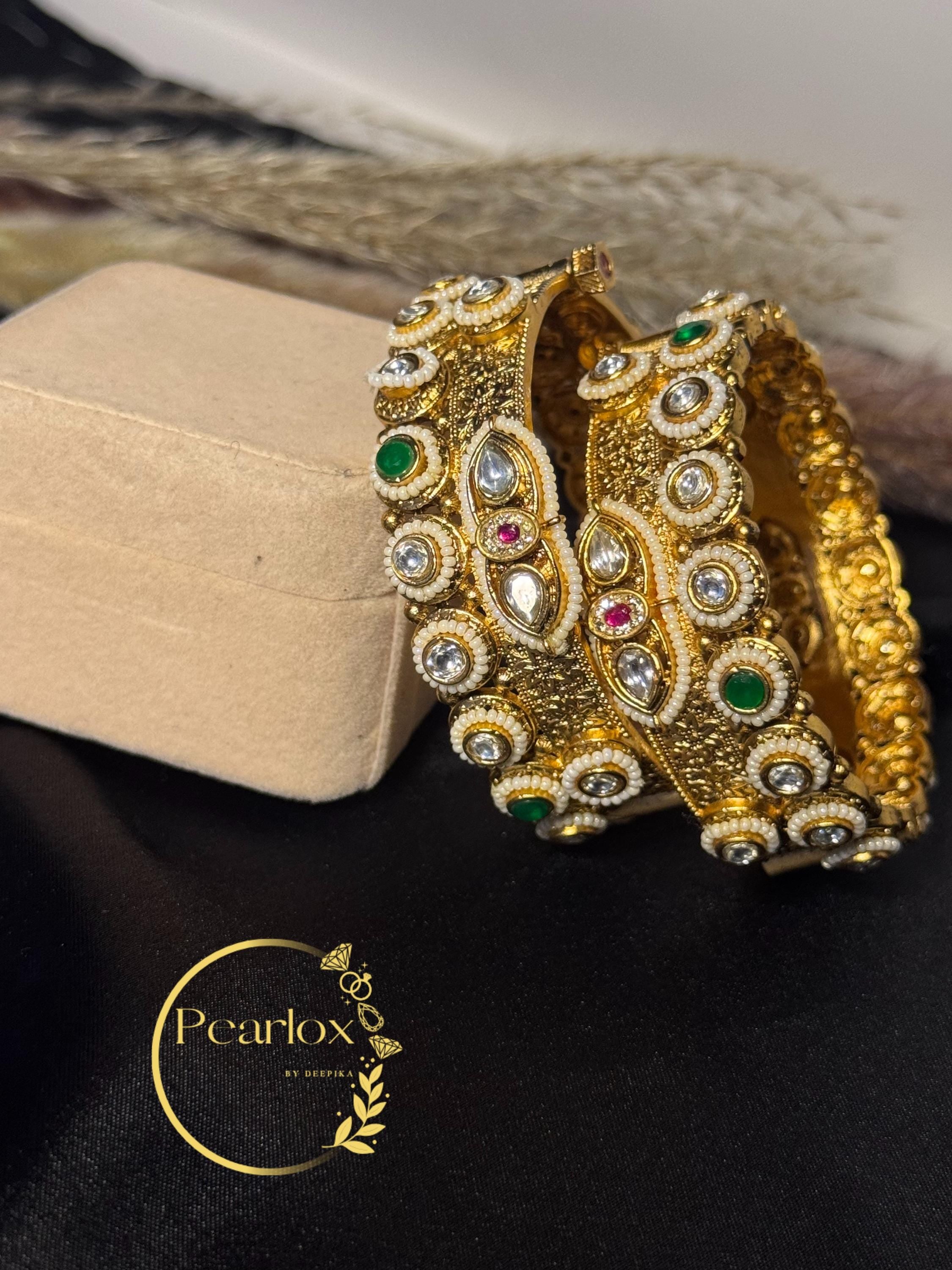 Kundan Kadas | Gold Tone Indian Bangles with Meenakari - Wrist size: 2.6