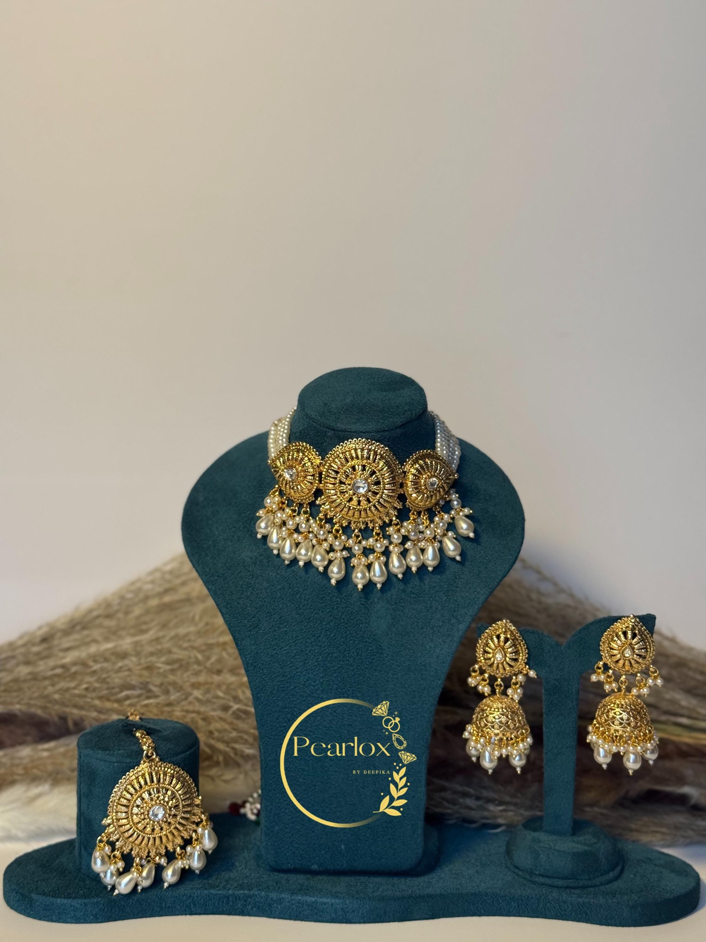 White pearl Polki Choker Earrings + Tikka| Gold imitation Choker| Indian Wedding Jewellery