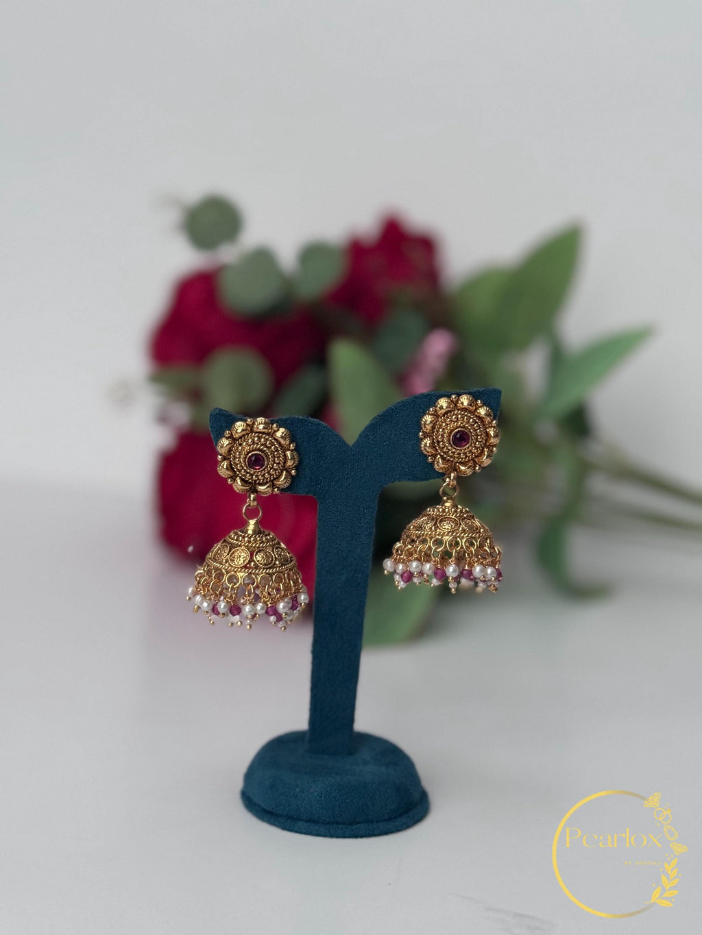 Antique Gold Choker Set with Jhumka Earrings and Maang Tikka | Ruby & Pearl Accent Necklace| Indian Jewellery