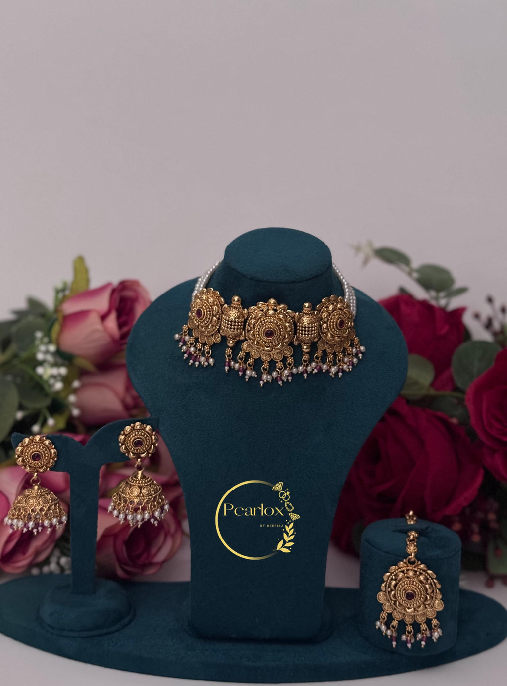 Antique Gold Choker Set with Jhumka Earrings and Maang Tikka | Ruby & Pearl Accent Necklace| Indian Jewellery
