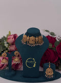 Antique Gold Choker Set with Jhumka Earrings and Maang Tikka | Ruby & Pearl Accent Necklace| Indian Jewellery