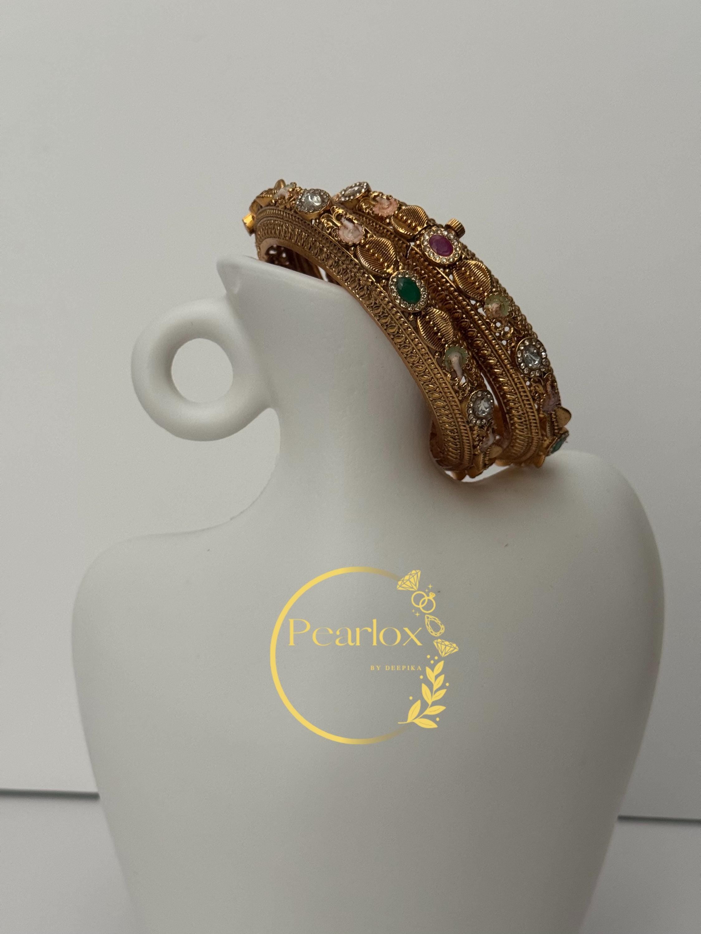 Antique Gold-tone Multi-Stone "Navratna" Style Bangles | Size: 2-6