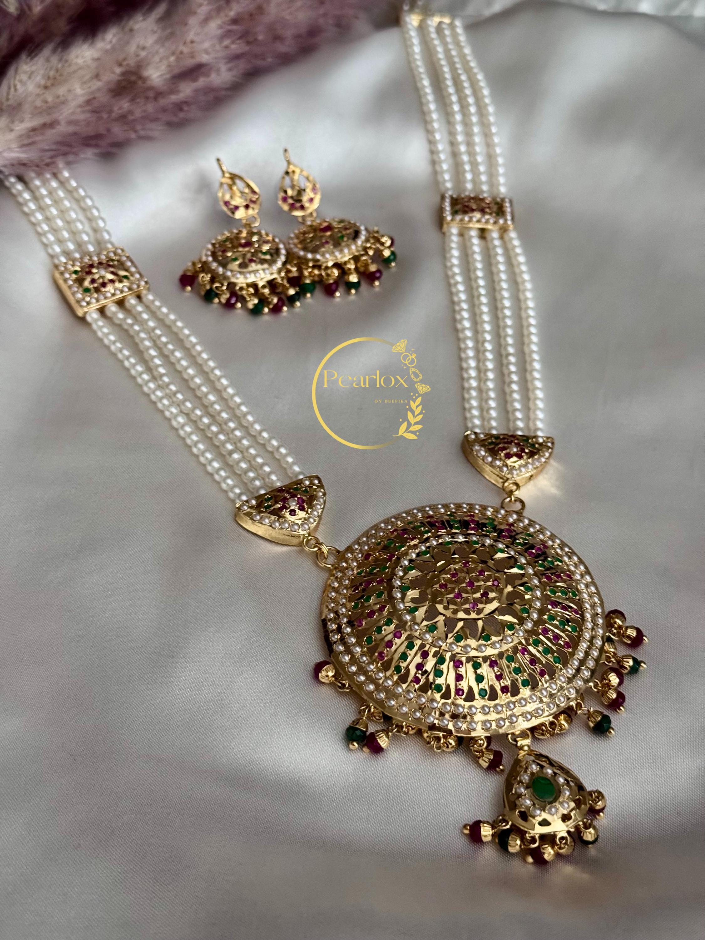 Royal Pearl Jadau Rani Haar Necklace Set with  Matching Jadau Earrings| Indian Jewellery| Wedding Jewellery