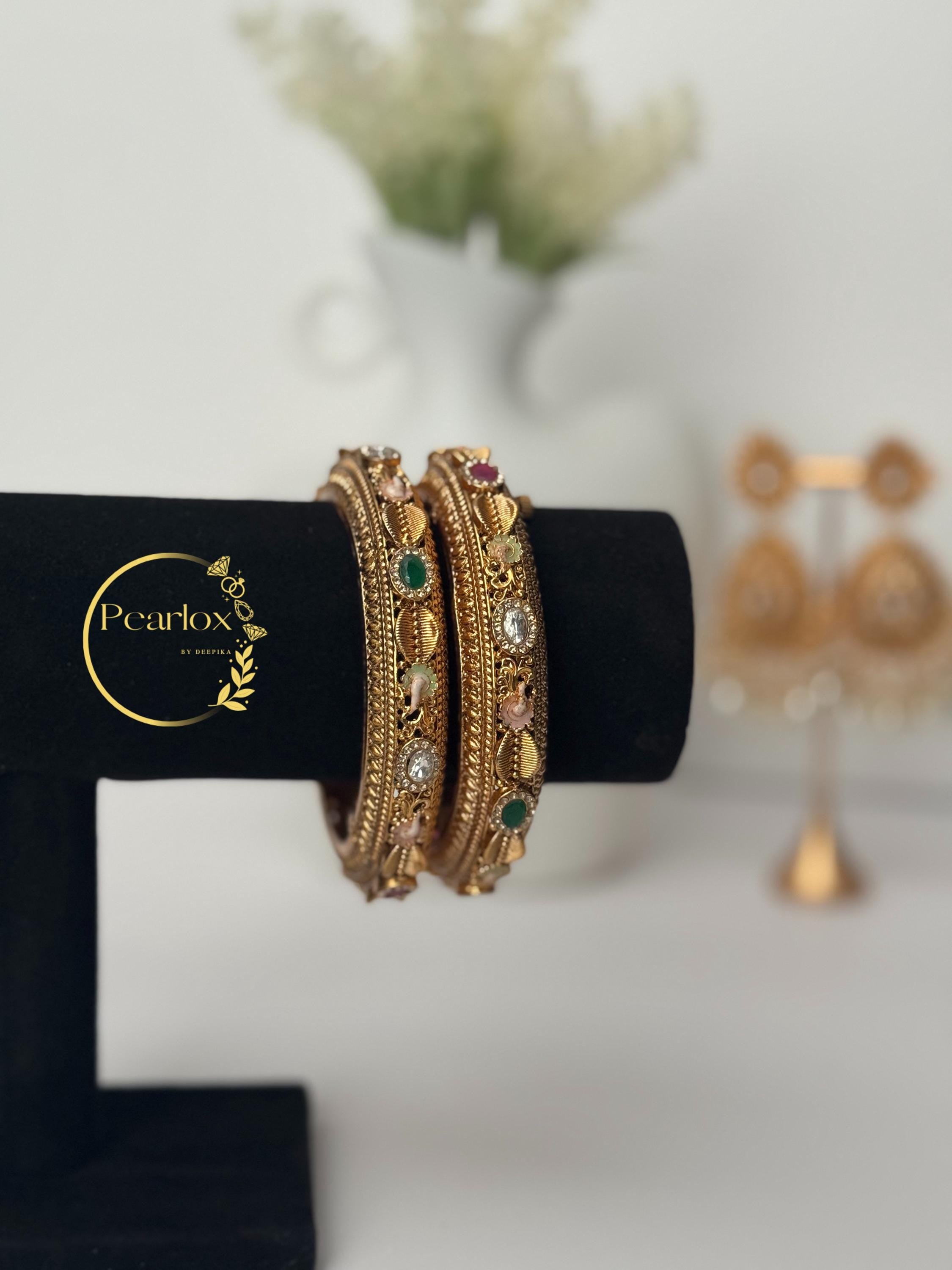 Antique Gold-tone Multi-Stone "Navratna" Style Bangles | Size: 2-6