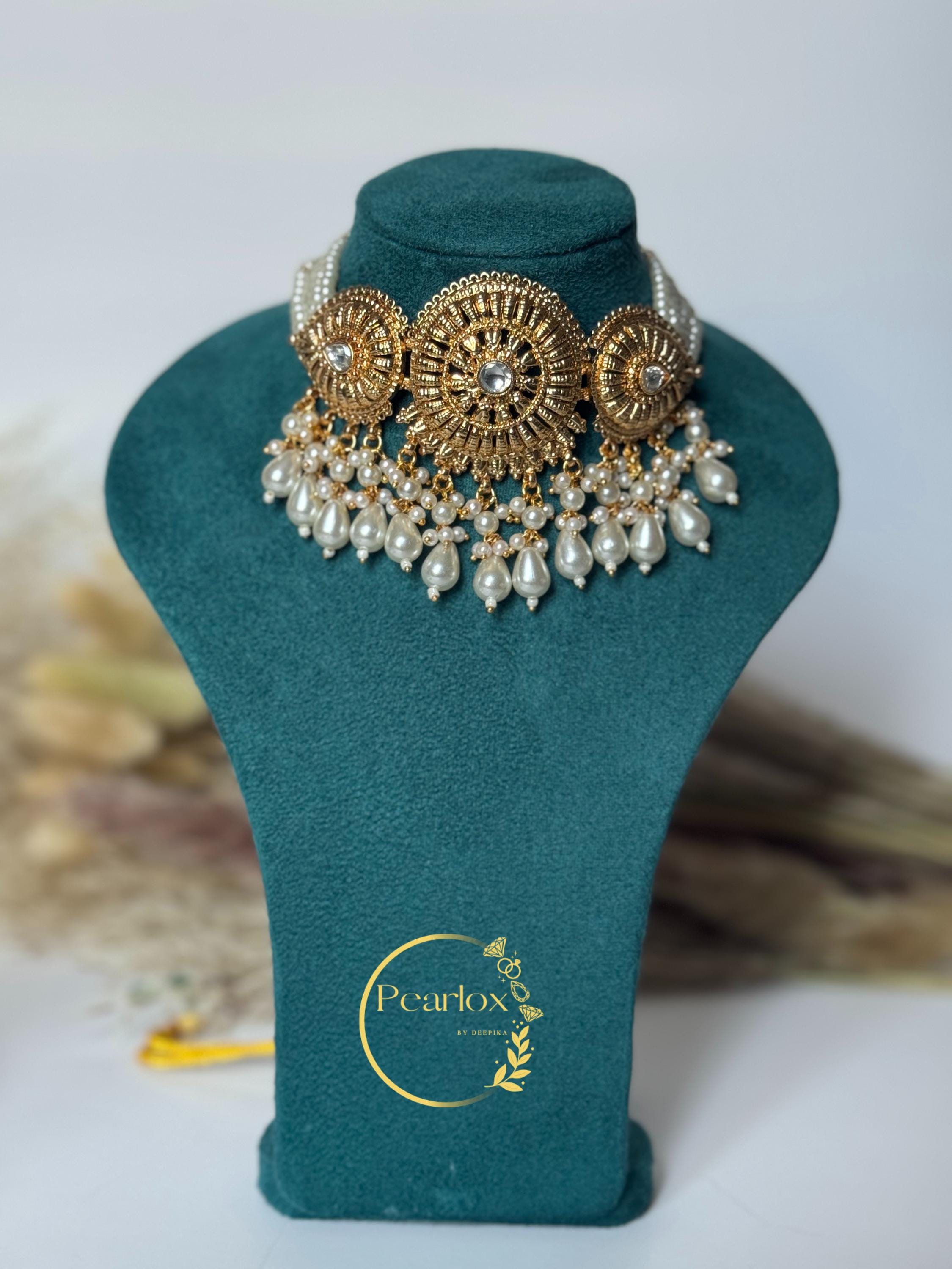 White pearl Polki Choker Earrings + Tikka| Gold imitation Choker| Indian Wedding Jewellery