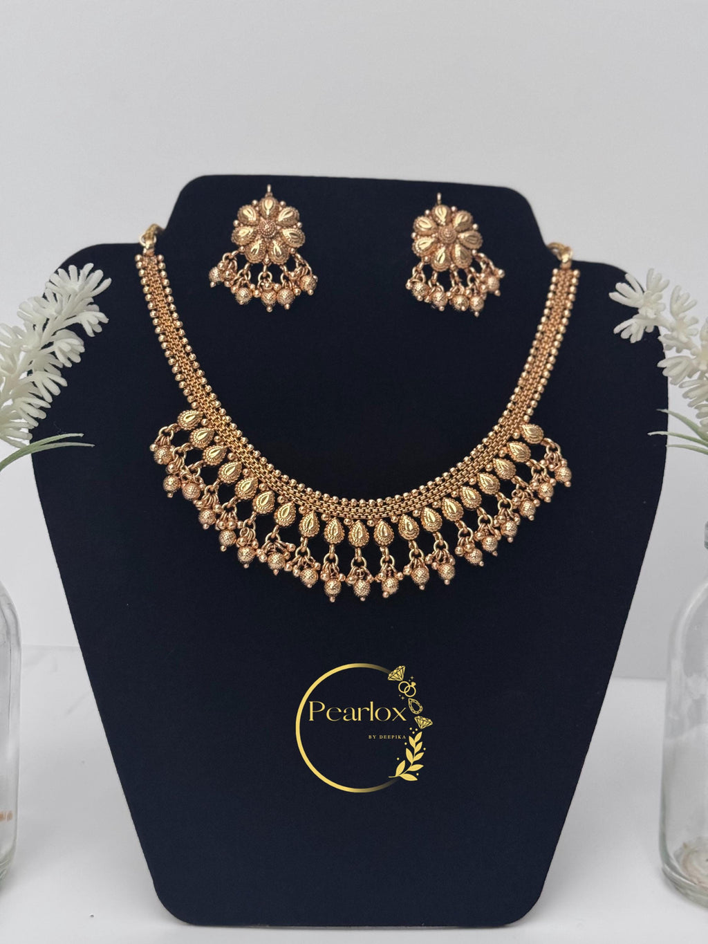 Traditional Gold-Tone necklace Set with Matching Studs| Indian Bridal & Festive Statement Set
