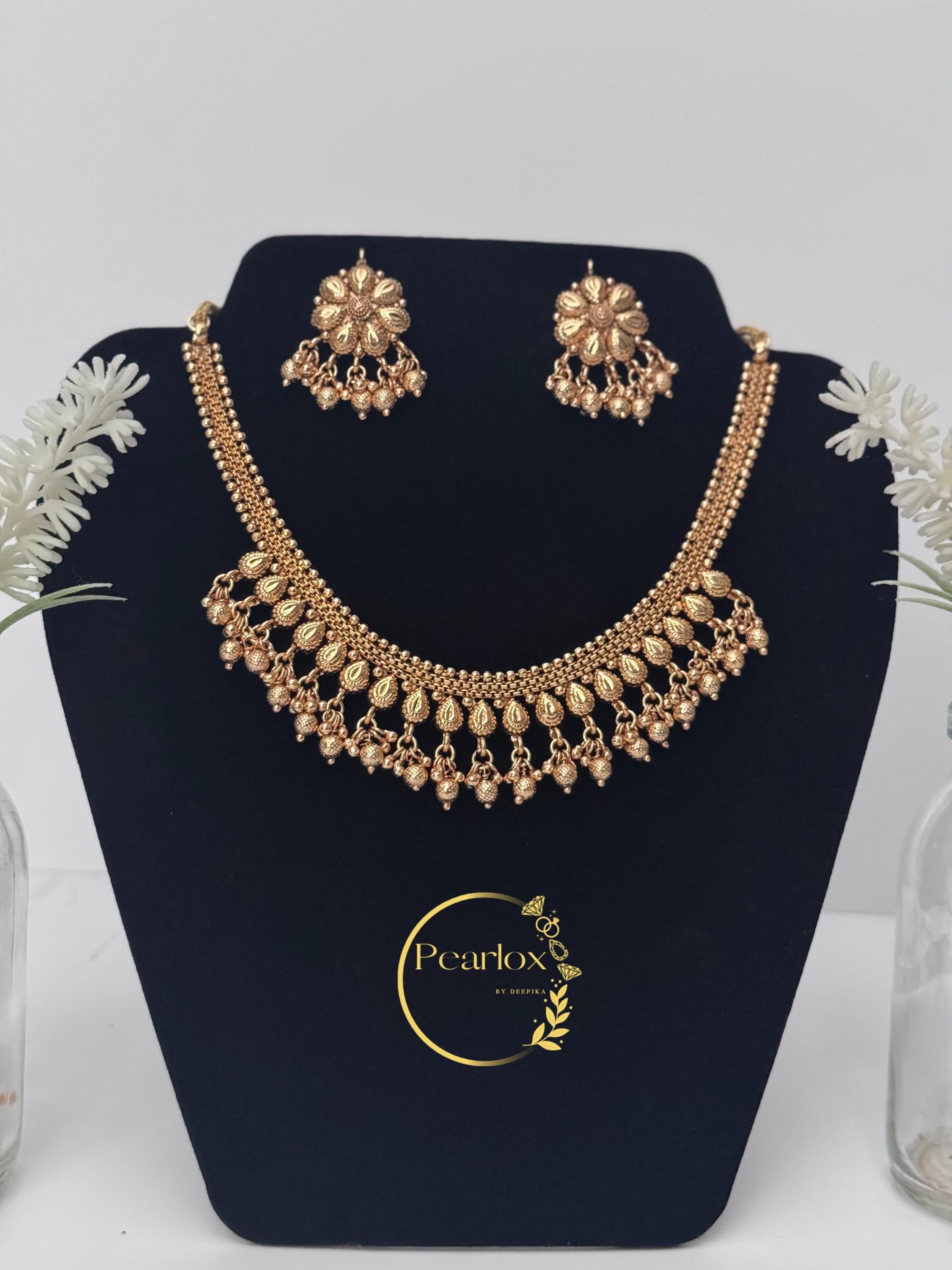 Traditional Gold-Tone necklace Set with Matching Studs| Indian Bridal & Festive Statement Set