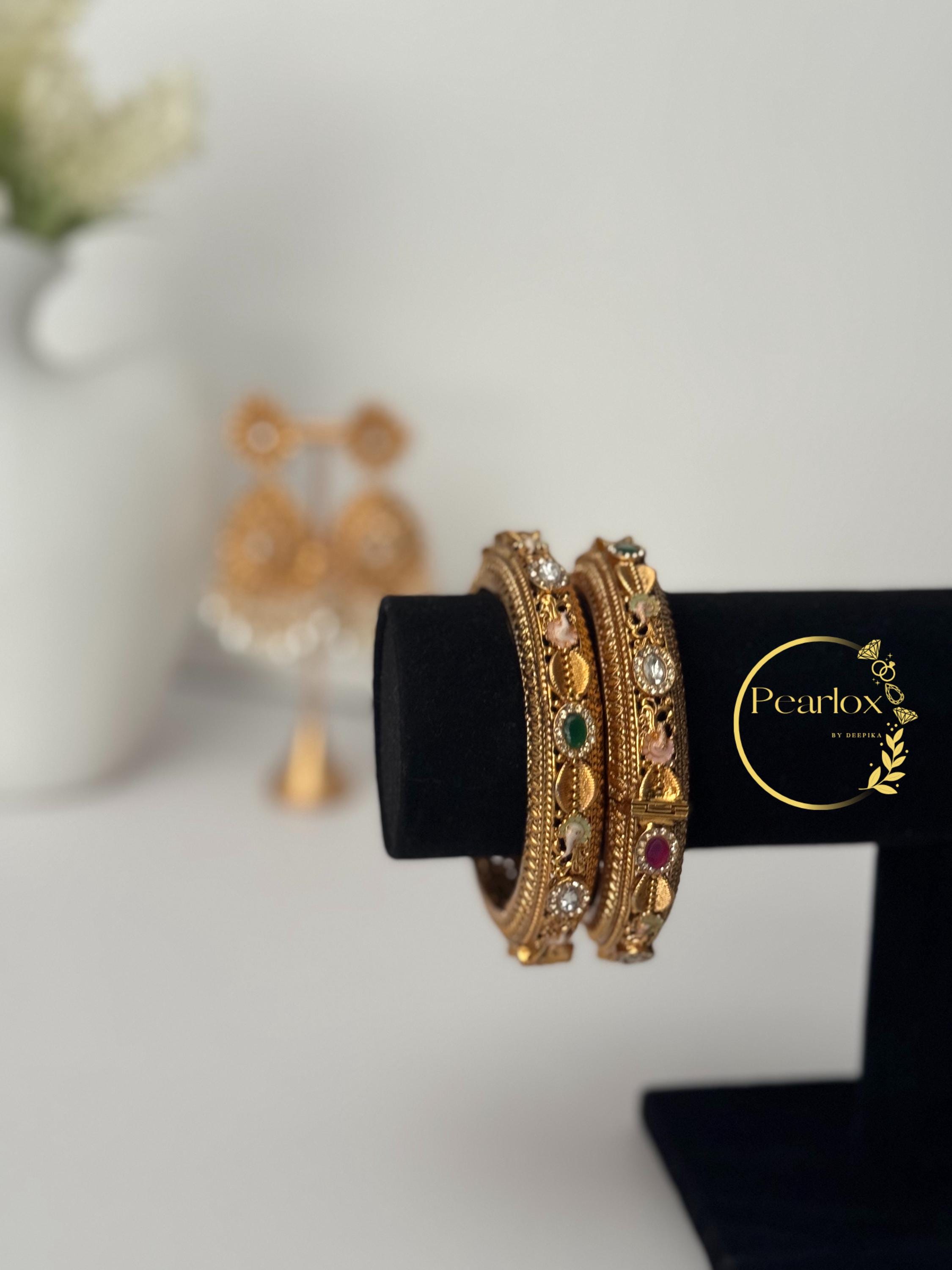Antique Gold-tone Multi-Stone "Navratna" Style Bangles | Size: 2-6