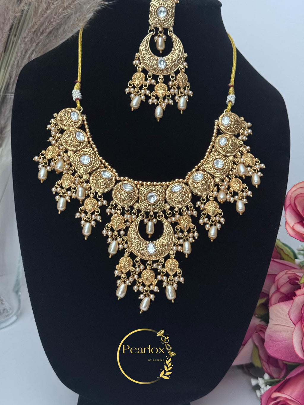 Royal Heritage Gold-Tone Kundan & Pearl Statement Jewellery Set with Jhumka and Maang Tikka| Indian Jewelry| Wedding Jewellery