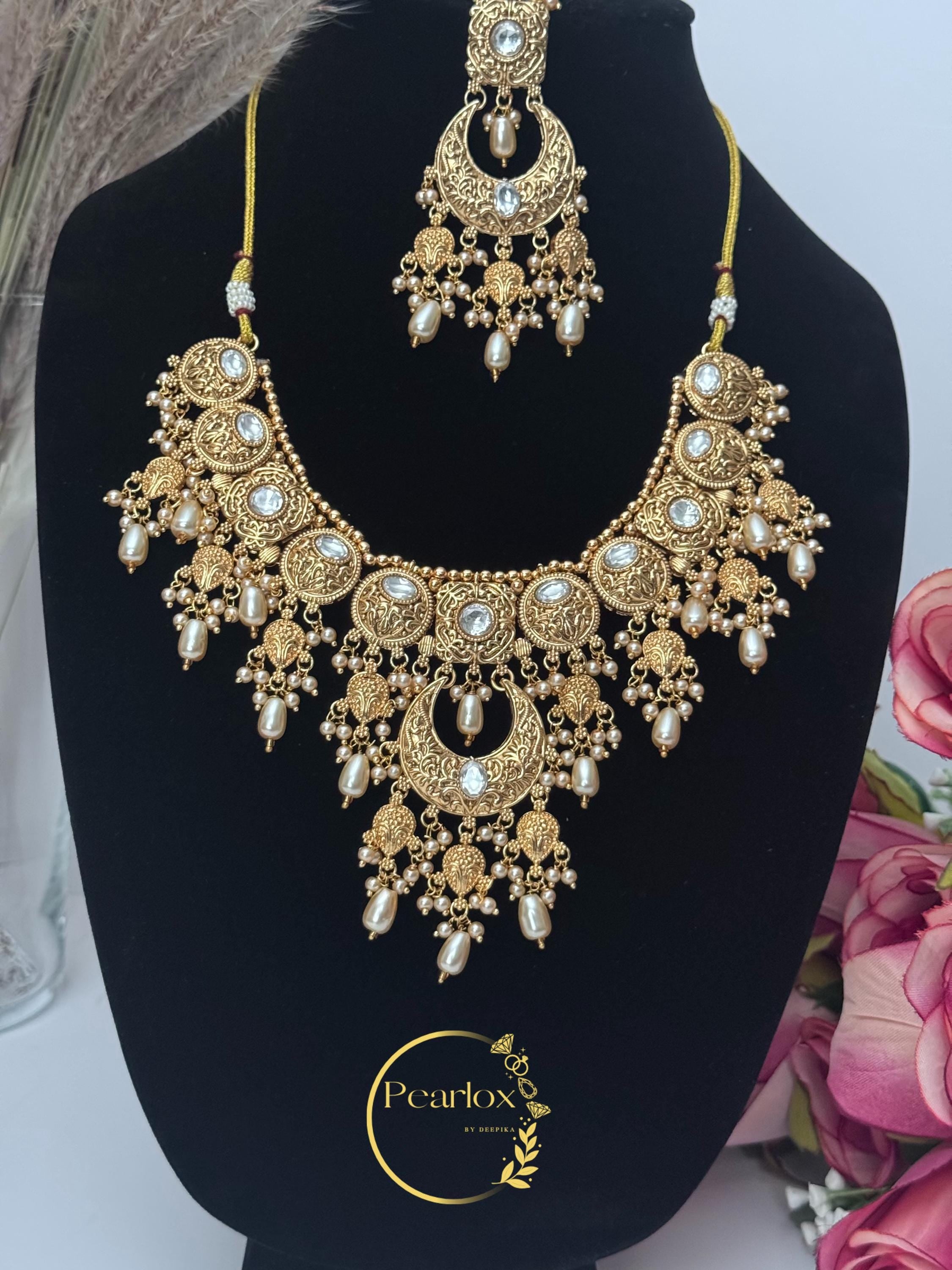 Royal Heritage Gold-Tone Kundan & Pearl Statement Jewellery Set with Jhumka and Maang Tikka| Indian Jewelry| Wedding Jewellery