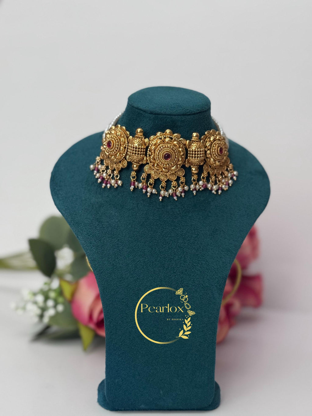 Antique Gold Choker Set with Jhumka Earrings and Maang Tikka | Ruby & Pearl Accent Necklace| Indian Jewellery