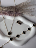 The Ultimate Signature Set| Gold Tone onyx Motif Clover Pendent Necklace, Bracelet and Studs.