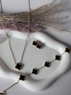 The Ultimate Signature Set| Gold Tone onyx Motif Clover Pendent Necklace, Bracelet and Studs.