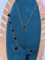 The Ultimate Signature Set| Gold Tone onyx Motif Clover Pendent Necklace, Bracelet and Studs.
