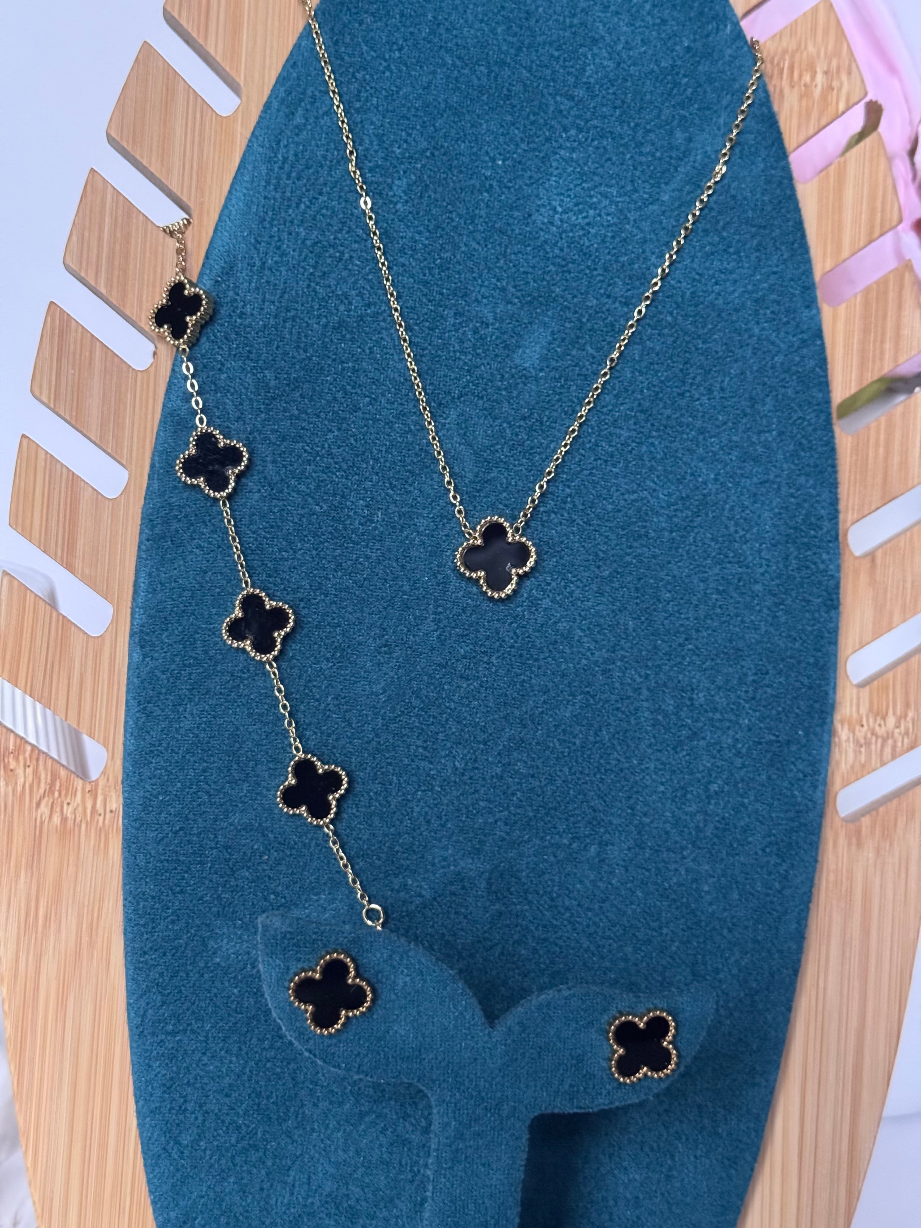 The Ultimate Signature Set| Gold Tone onyx Motif Clover Pendent Necklace, Bracelet and Studs.