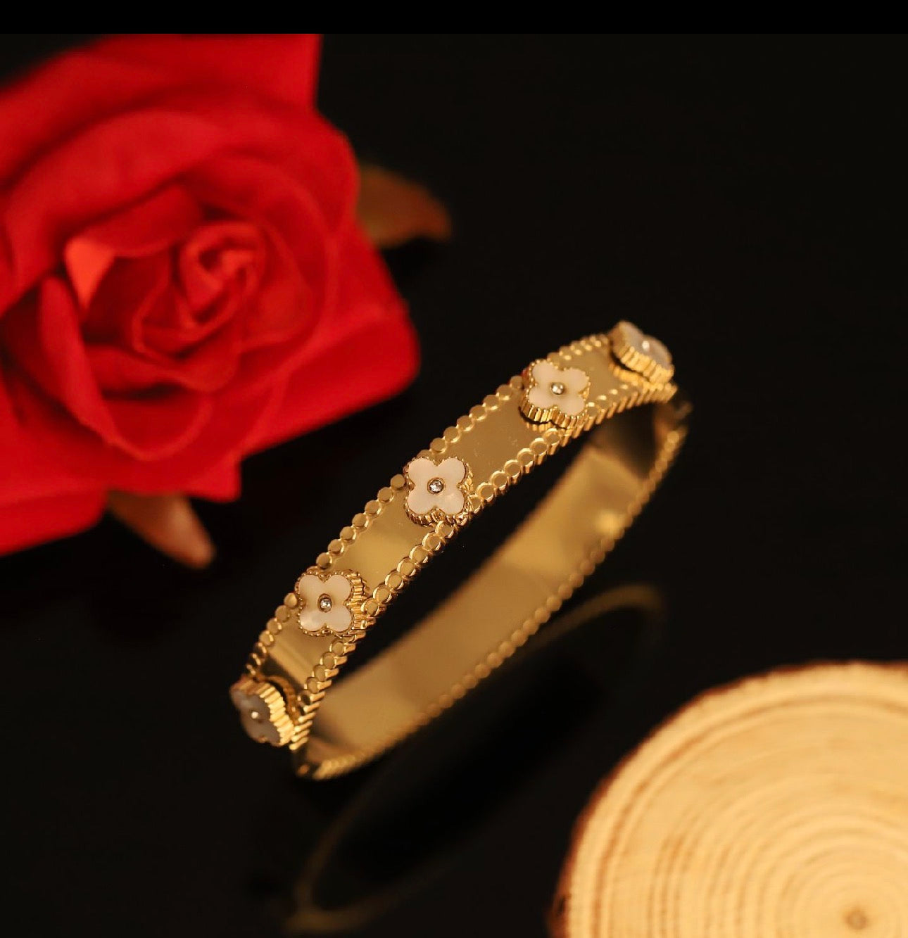 Gold tone Stainless Steel Clover Bangle bracelet