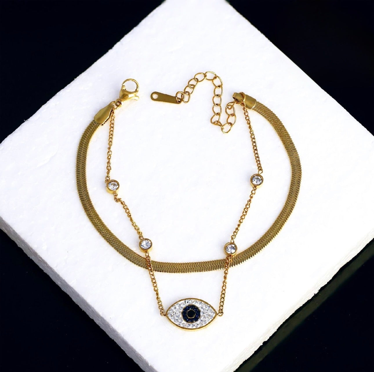 Evil Eye Layered Herringbone & Crystal Bracelet