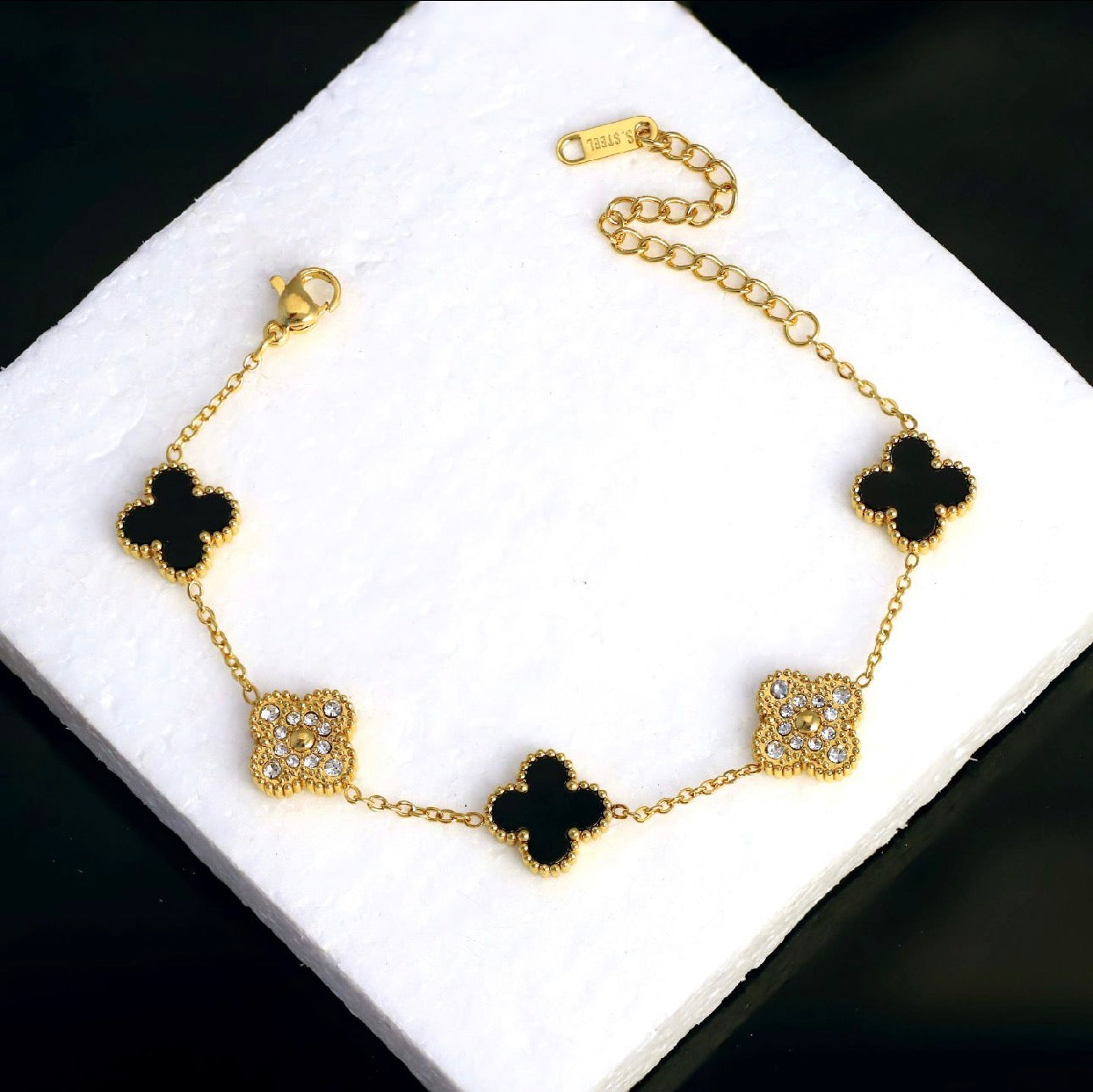 Contrast of Black and clear stone Clover flower Bracelet| adjustable in size