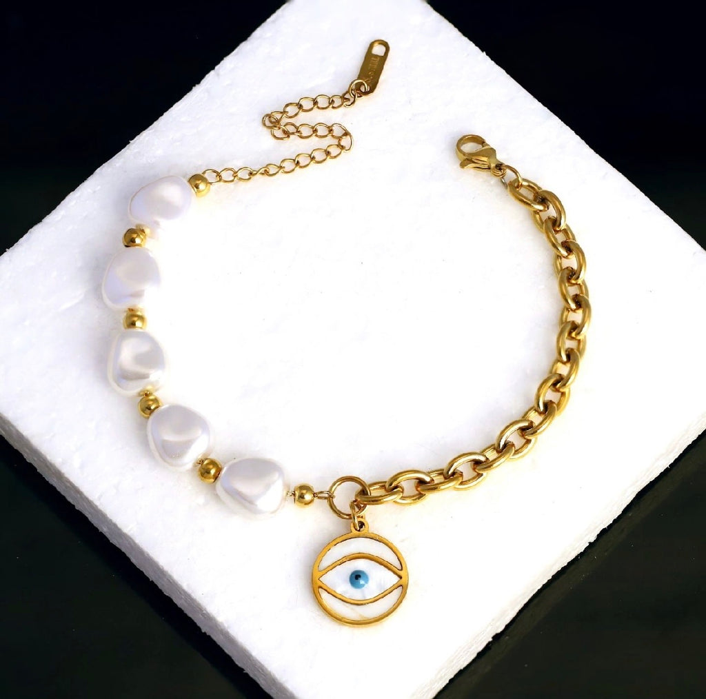 Gold tone Nazar & Pearl Mixed Chain Bracelet| Trendy Evil eye bracelet