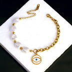 Gold tone Nazar & Pearl Mixed Chain Bracelet| Trendy Evil eye bracelet