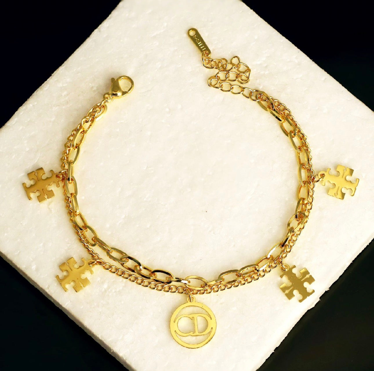Dainty Gold Dual-Chain Charm Bracelet