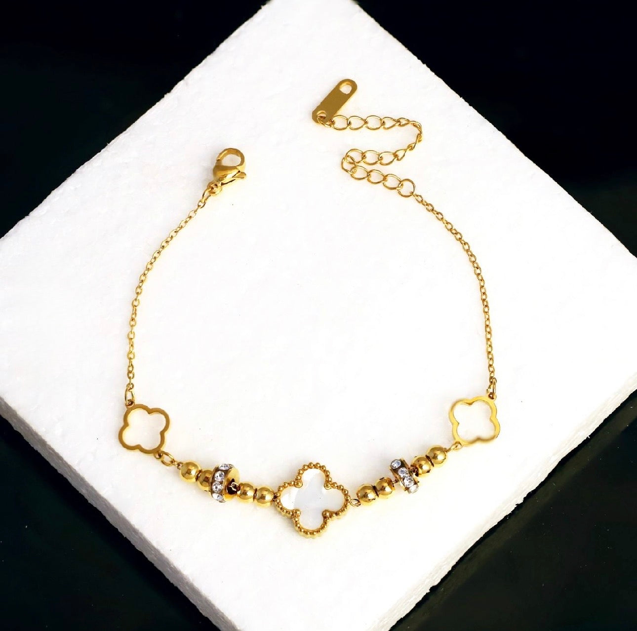 Luminous White Clover & Crystal Charm Bracelet