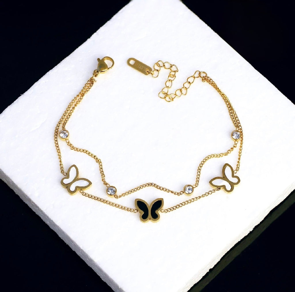 Midnight Butterfly Double-Chain Bracelet| Trendy Bracelet with clear stone motifs