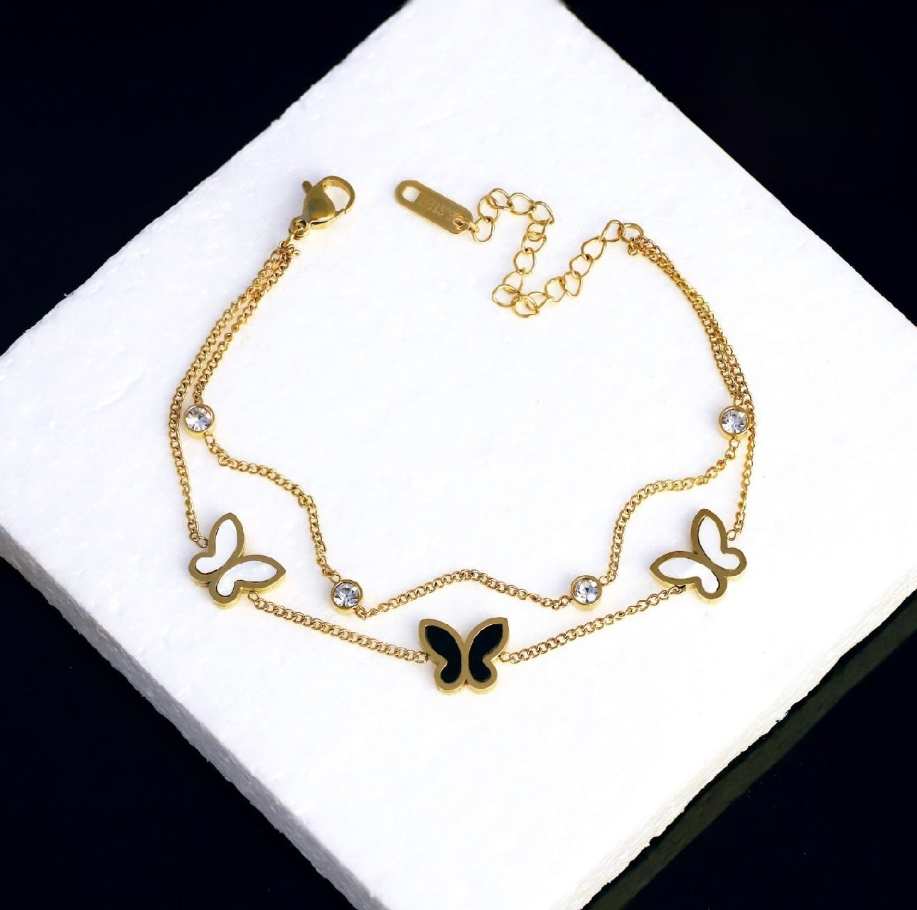 Midnight Butterfly Double-Chain Bracelet| Trendy Bracelet with clear stone motifs