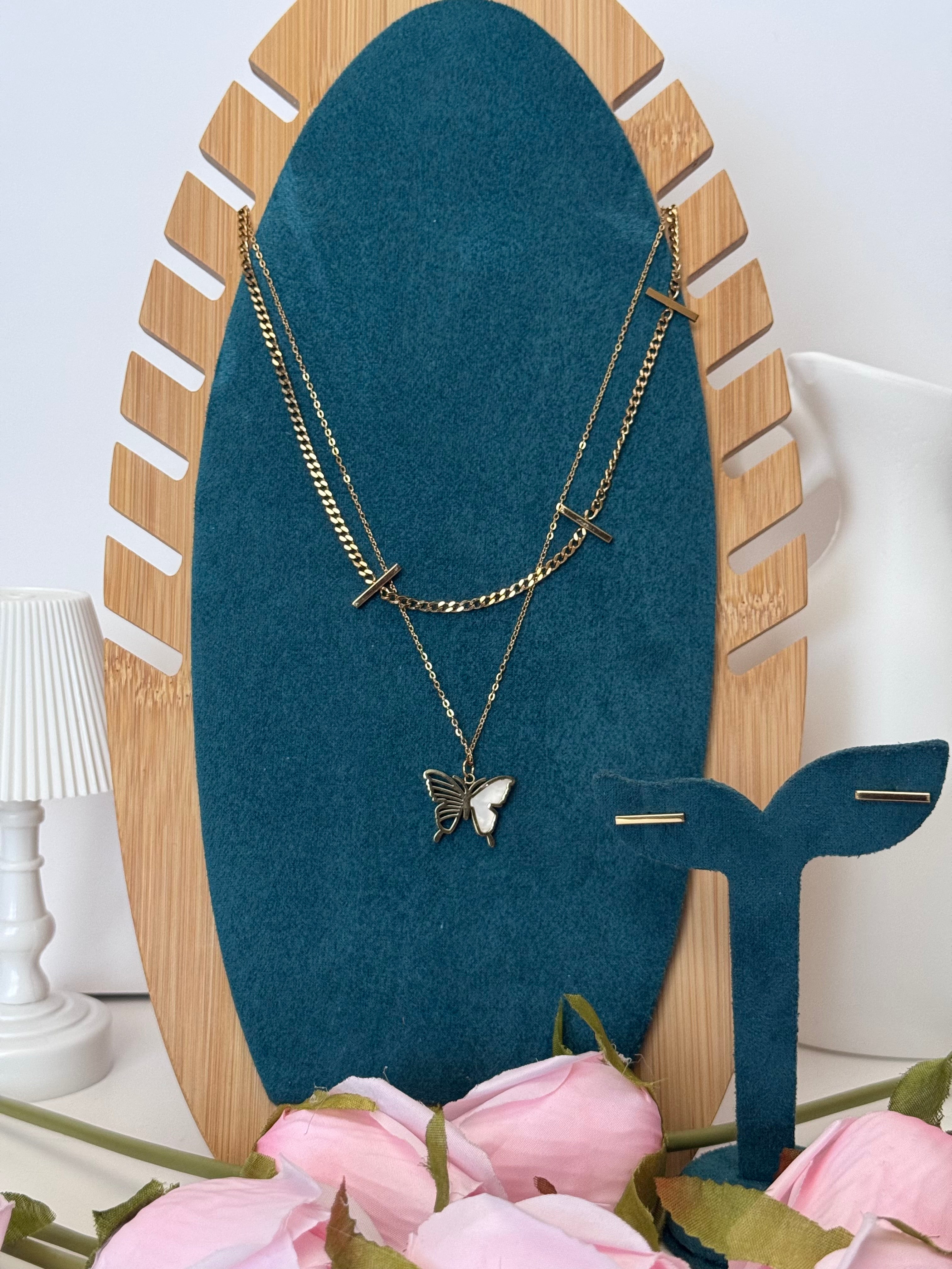 Ethereal Butterfly in gold and white tone Pendent | Layered Necklace & Minimalist Studs