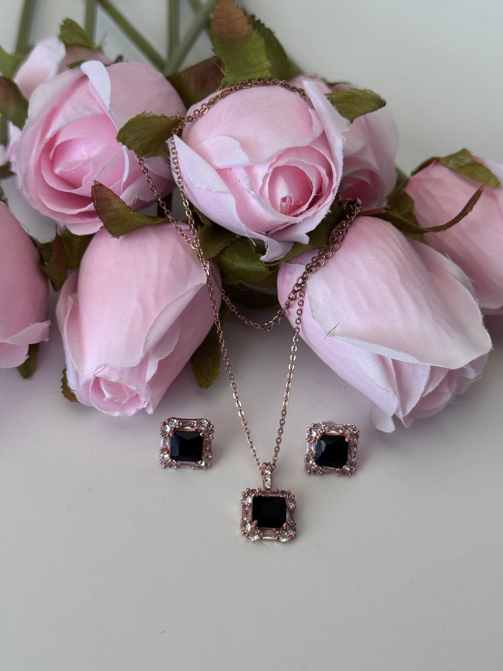 Signature Square Halo Pendant & Stud Set | Black gem in center| rose gold Touch| Anti-Tarnish Set