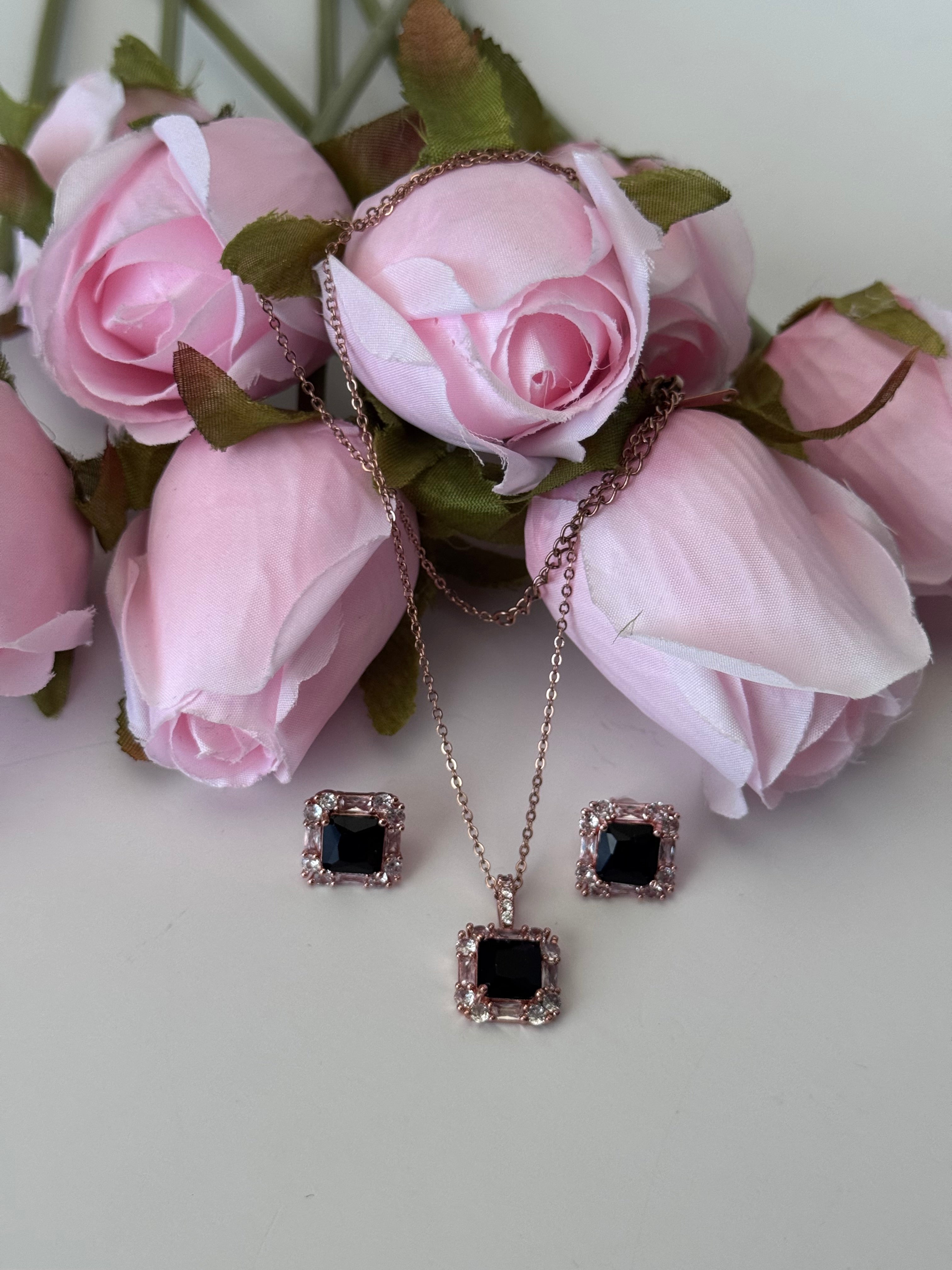 Signature Square Halo Pendant & Stud Set | Black gem in center| rose gold Touch| Anti-Tarnish Set