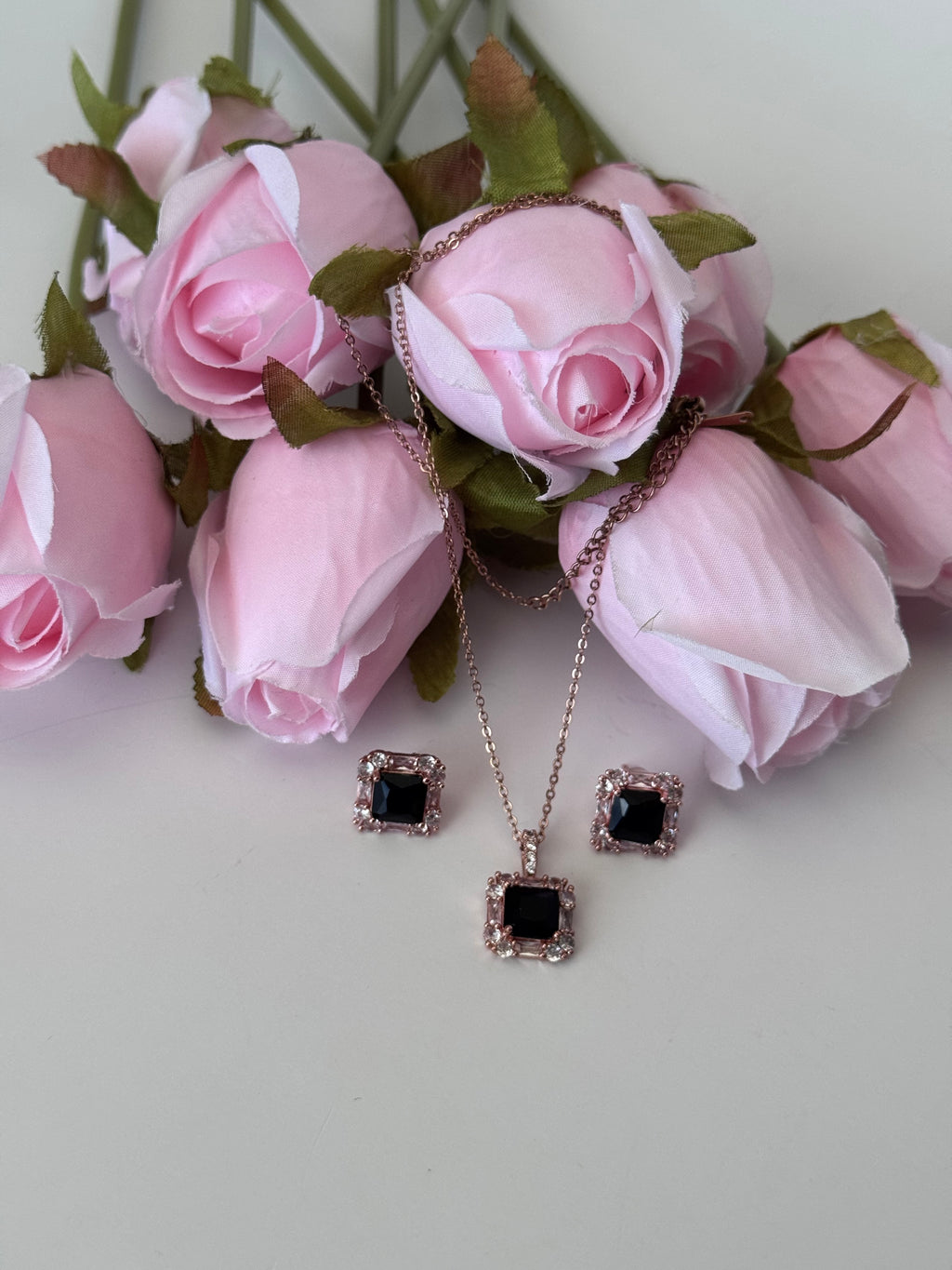 Signature Square Halo Pendant & Stud Set | Black gem in center| rose gold Touch| Anti-Tarnish Set