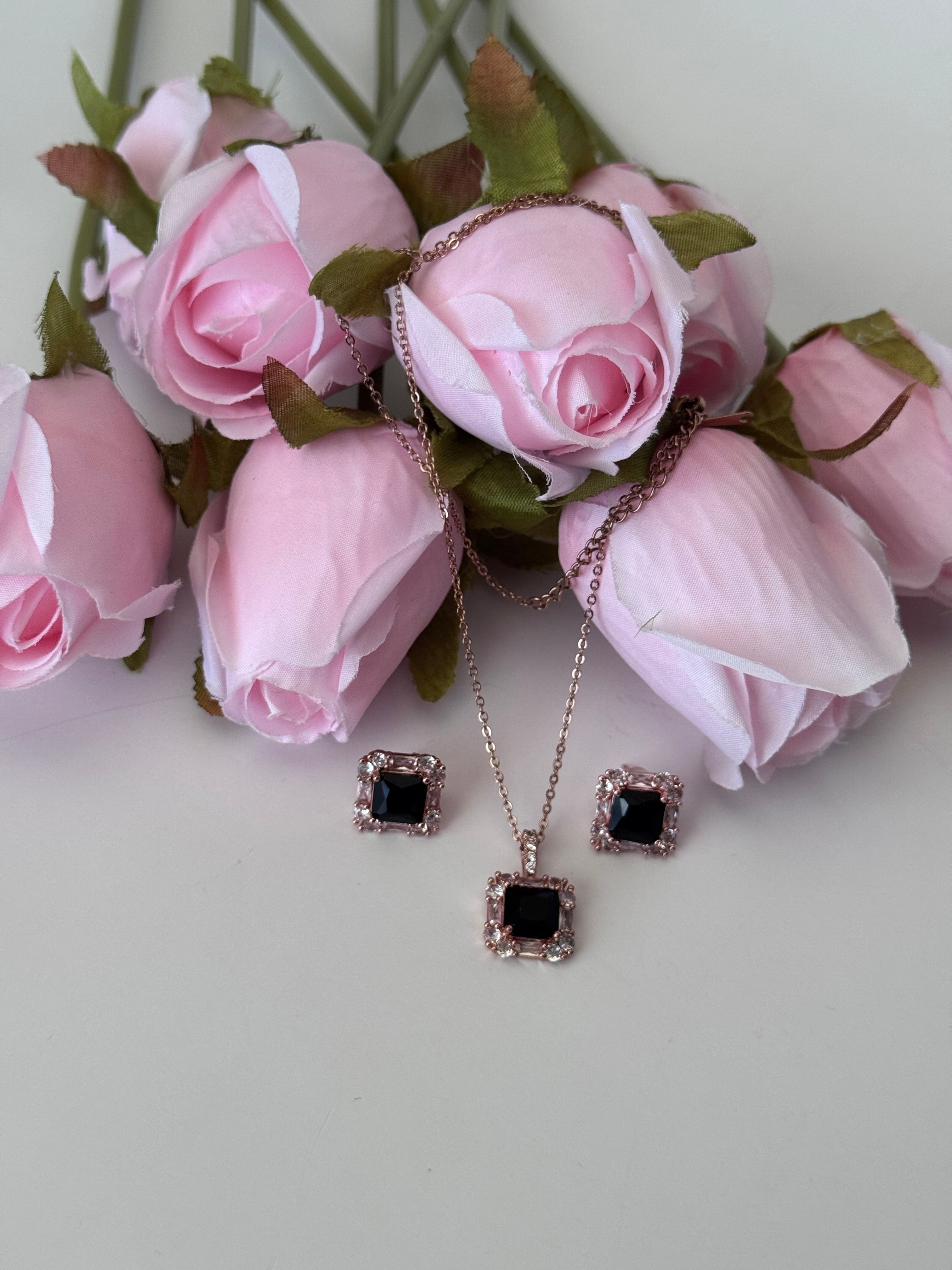 Signature Square Halo Pendant & Stud Set | Black gem in center| rose gold Touch| Anti-Tarnish Set