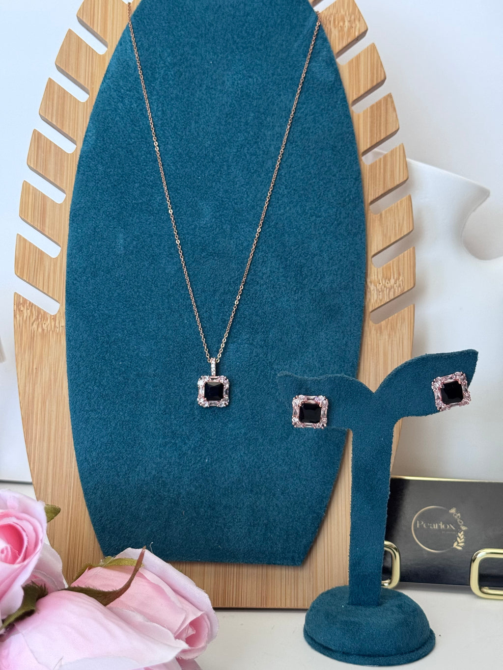 Signature Square Halo Pendant & Stud Set | Black gem in center| rose gold Touch| Anti-Tarnish Set