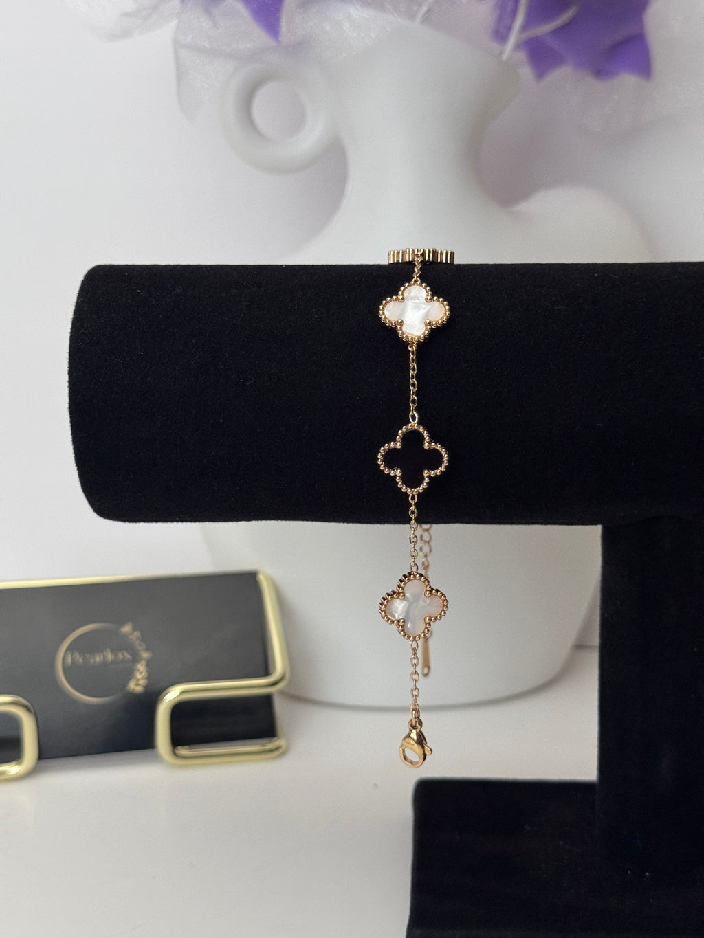 The Midnight black and White Clover Bracelet| Anti-Tarnish Bracelet