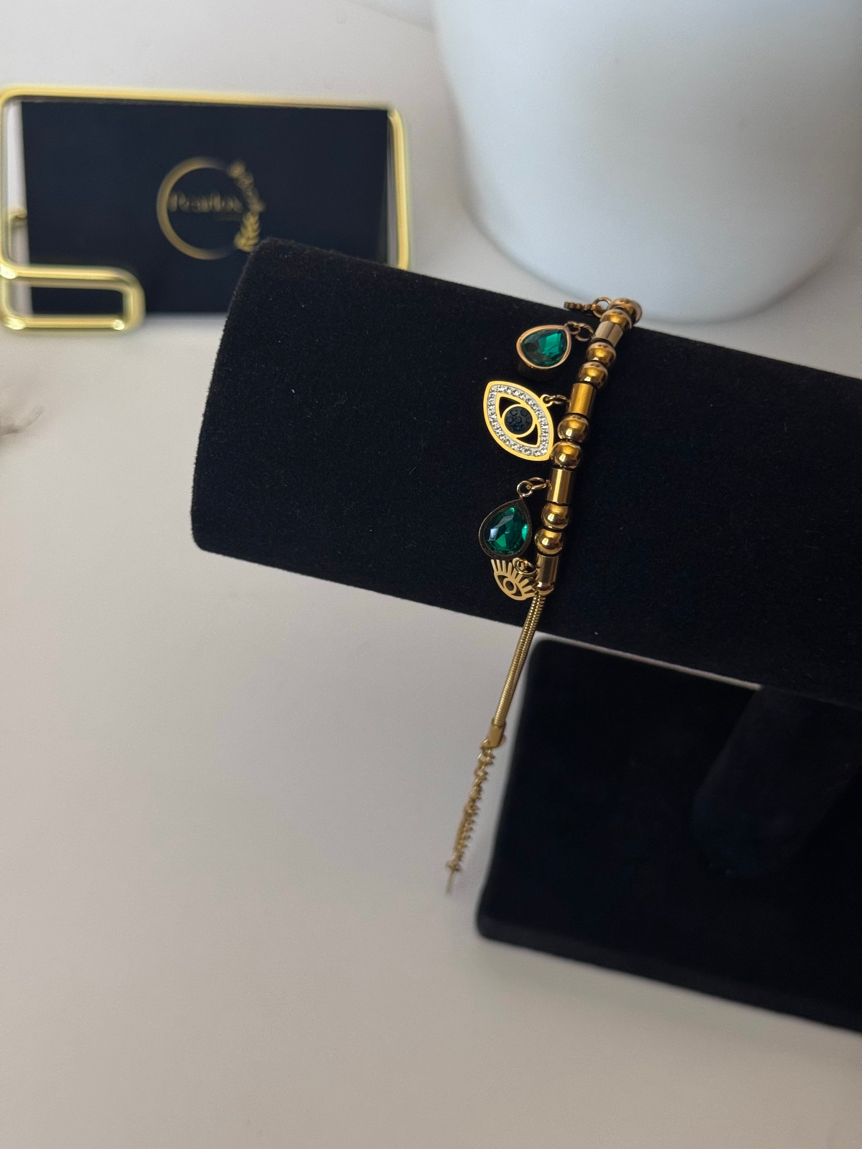 Green gem Evil Eye & Crystal Snake Chain Bracelet| Unique collection