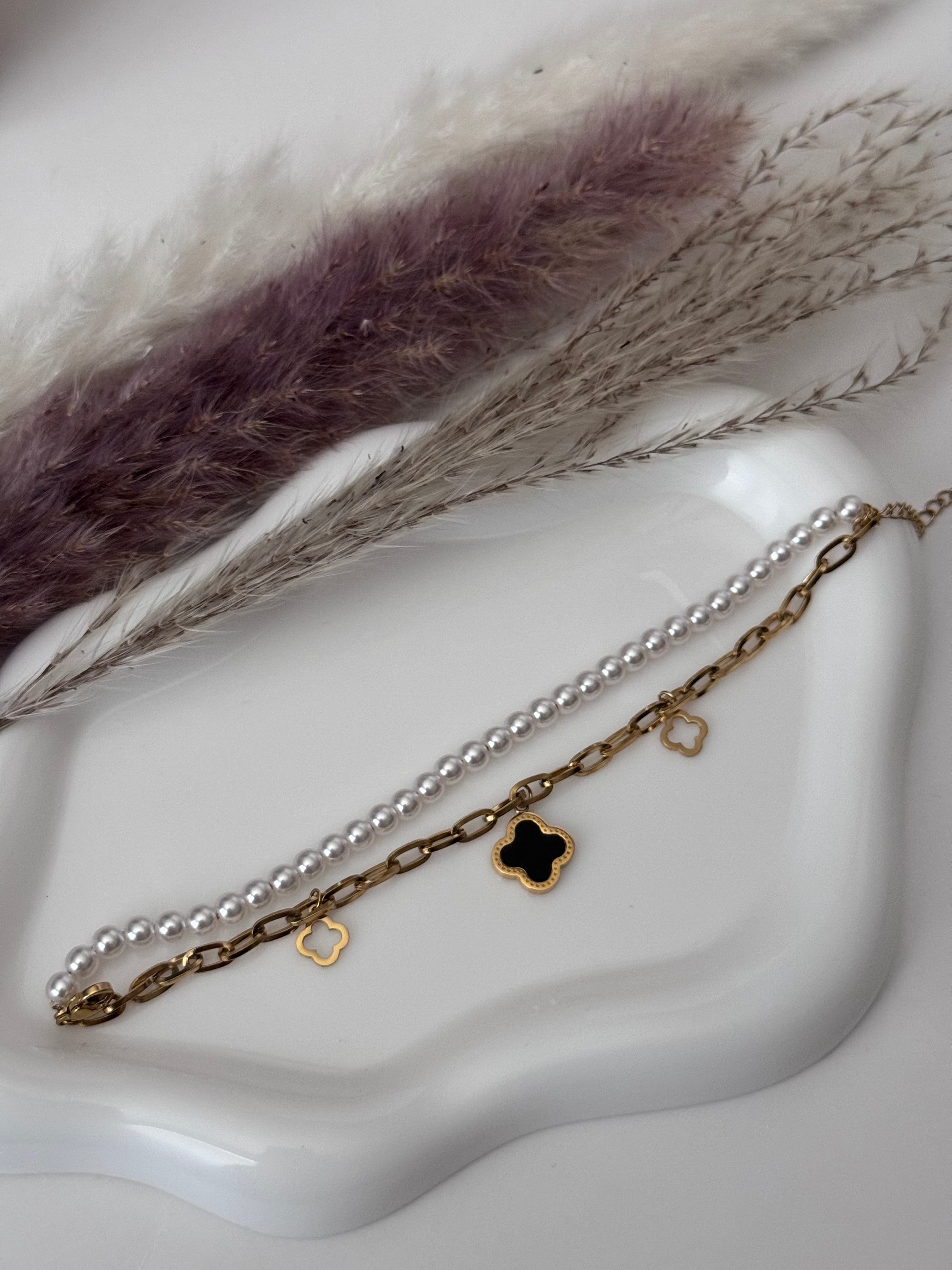 Midnight Clover Layered Pearl & Link Bracelet| trendy Anti tarnish Bracelet