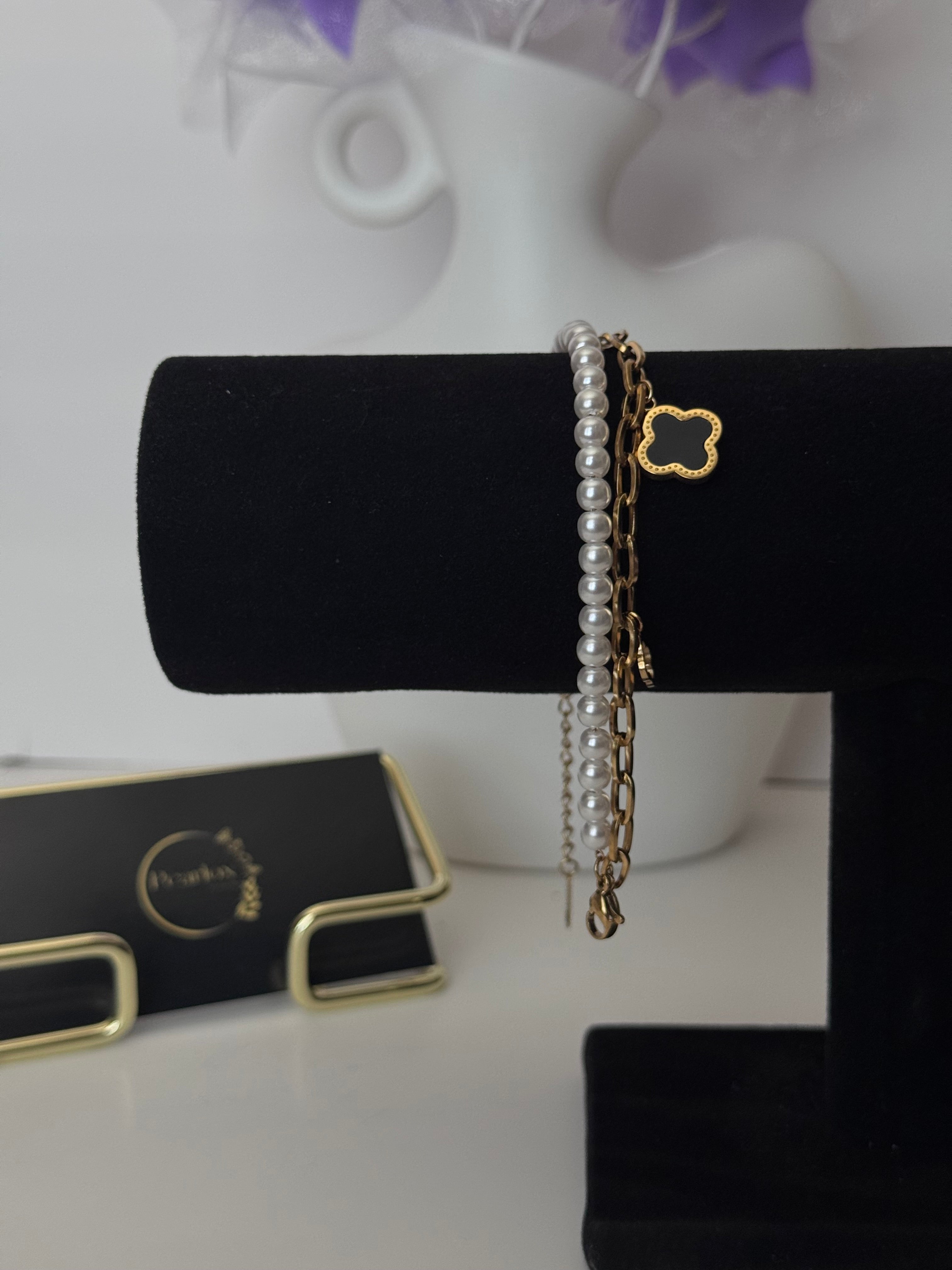 Midnight Clover Layered Pearl & Link Bracelet| trendy Anti tarnish Bracelet