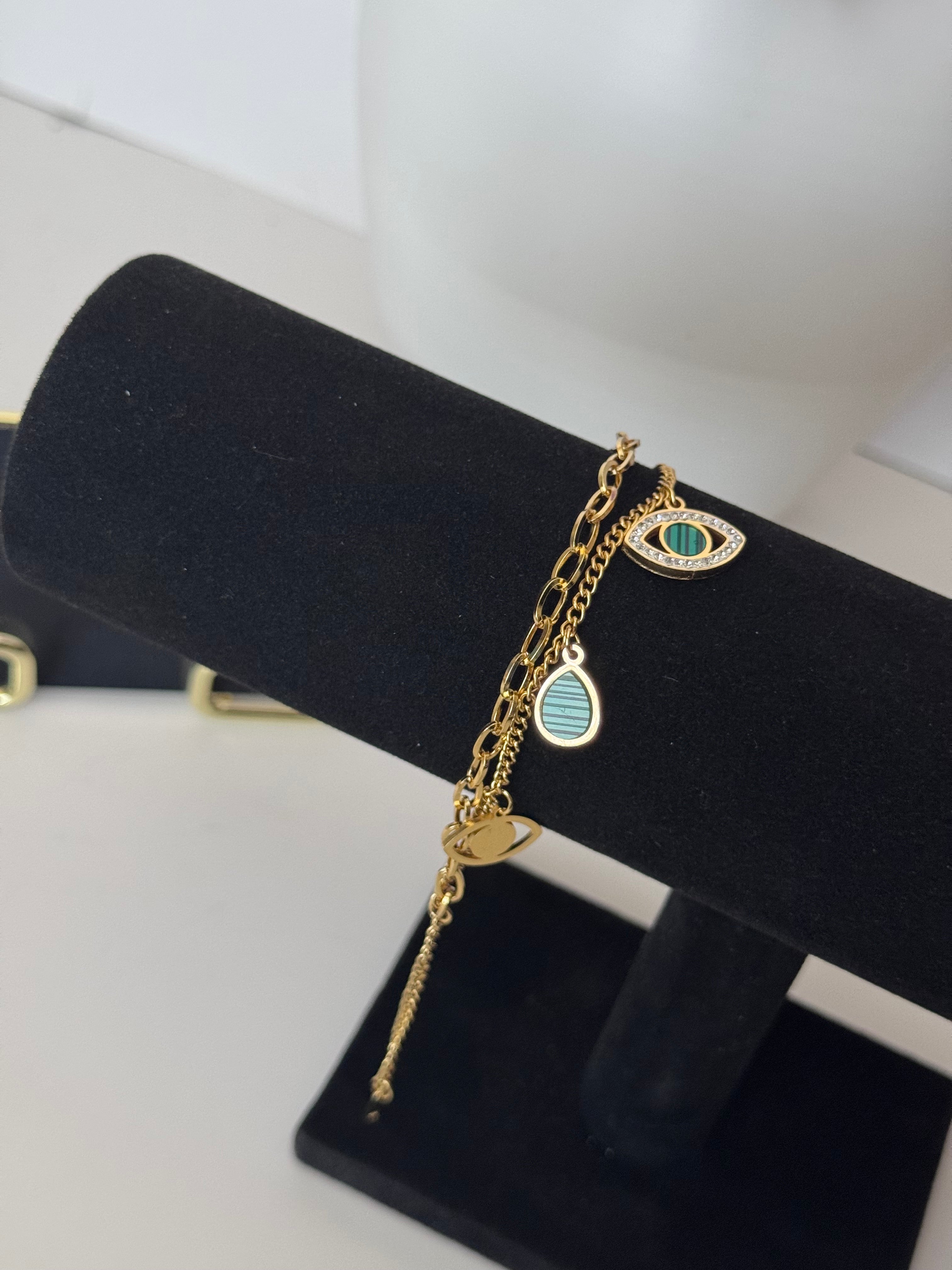 Green Accent Evil Eye Charm Bracelet – Layered Gold Protection Jewelry